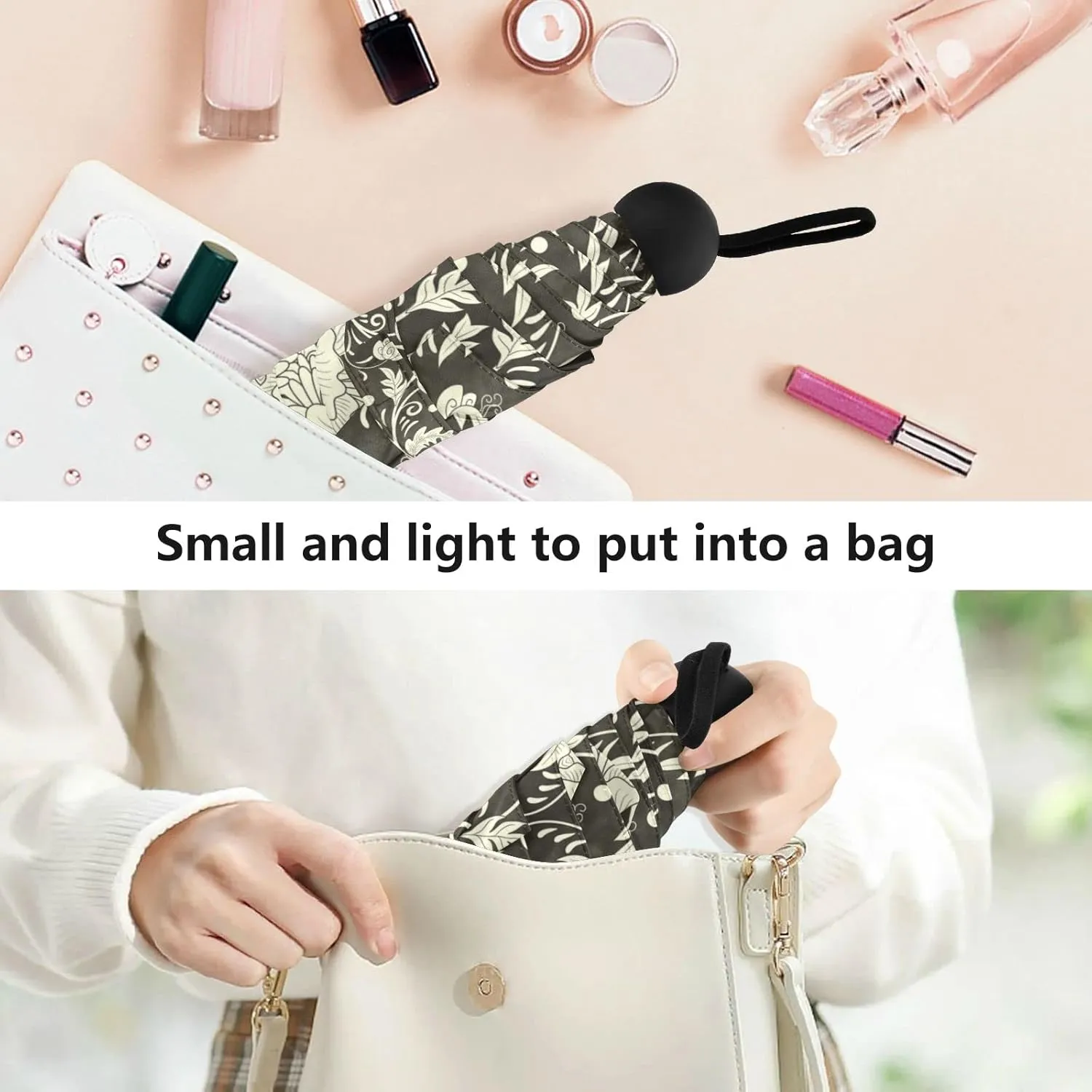 5 Folding Compact Pocket Windproof Umbrella, 6 Ribs Ultra-Light Foldable Vinyl Parasol, Mini Anti-UV Travel Umbrella