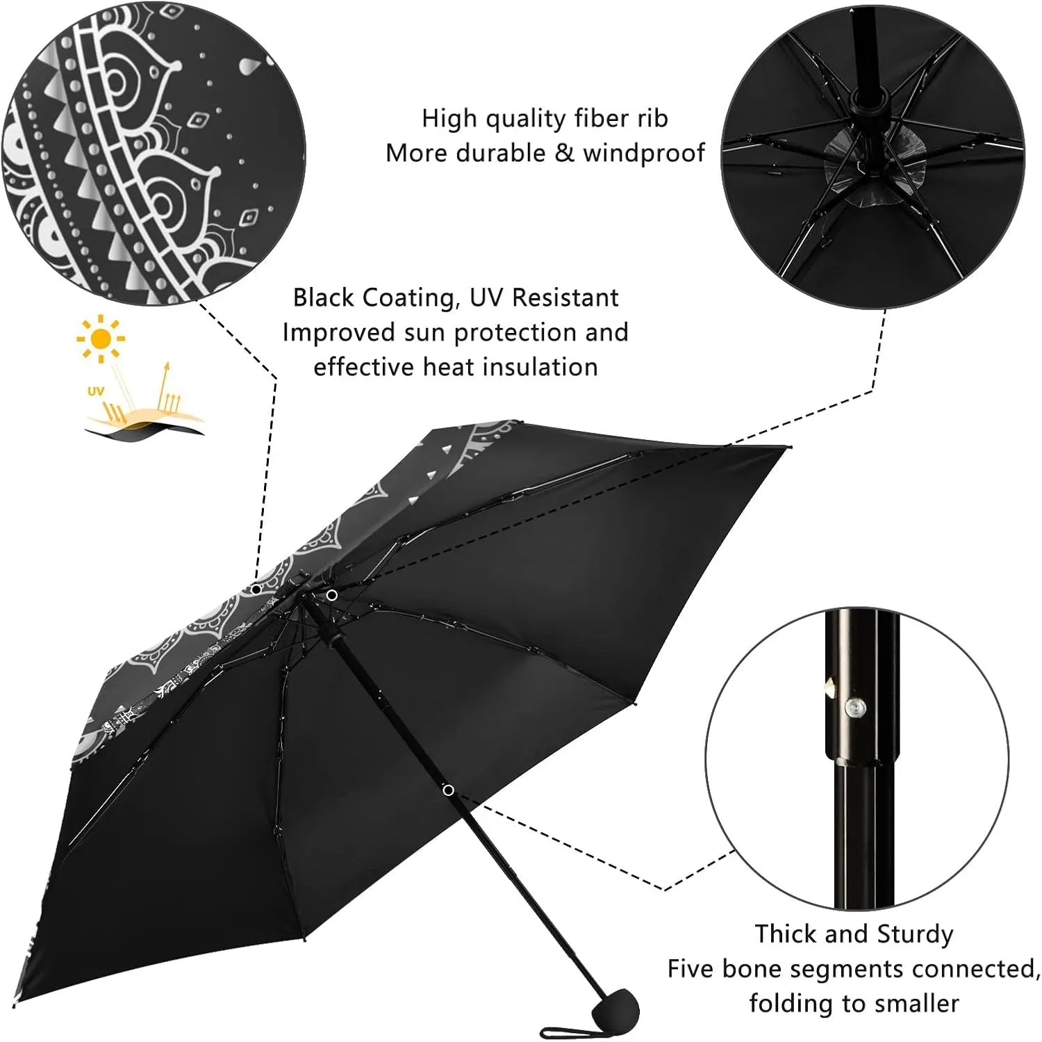 5 Folding Compact Pocket Windproof Umbrella, 6 Ribs Ultra-Light Foldable Vinyl Parasol, Mini Anti-UV Travel Umbrella
