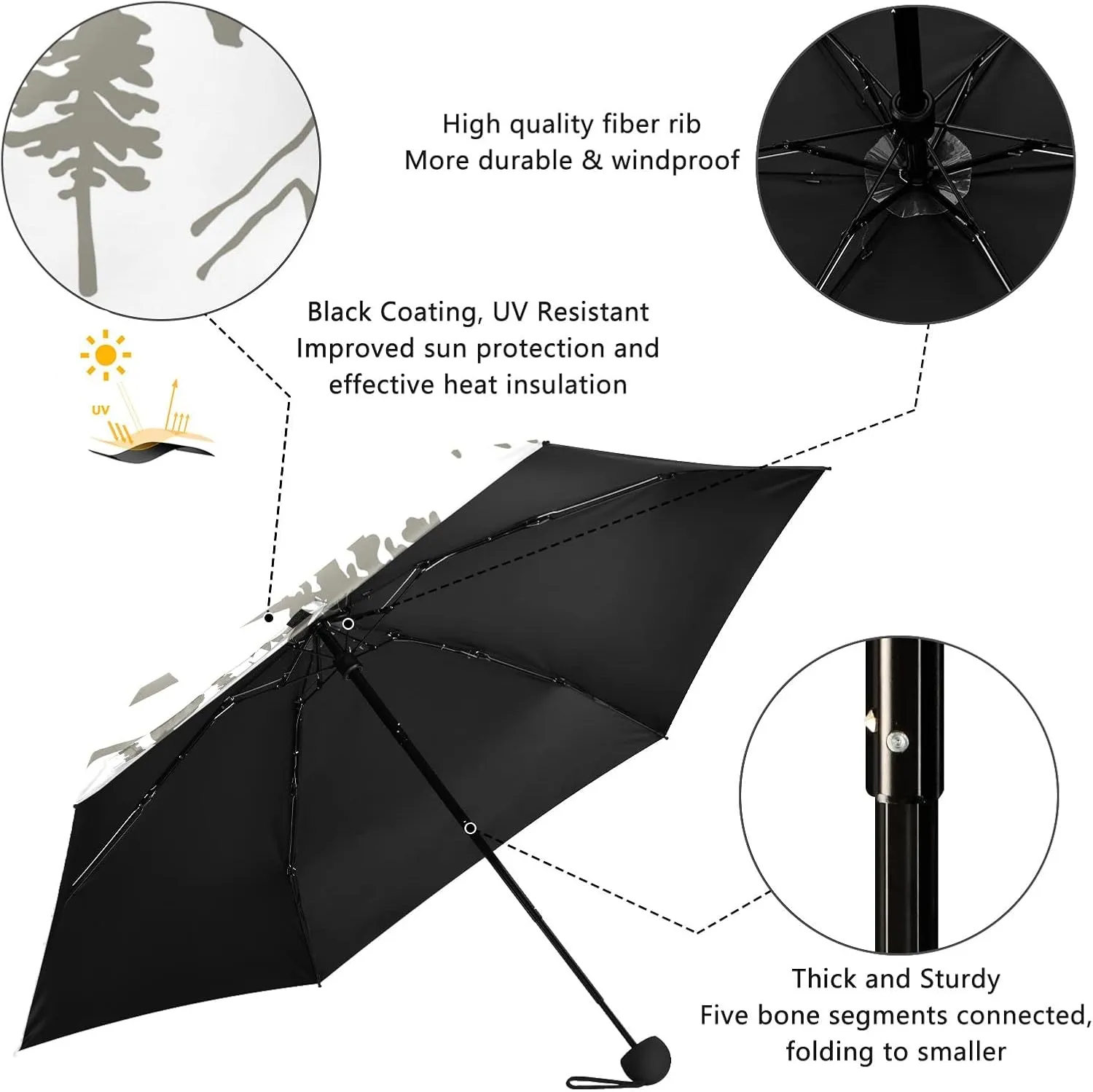 5 Folding Compact Pocket Windproof Umbrella, 6 Ribs Ultra-Light Foldable Vinyl Parasol, Mini Anti-UV Travel Umbrella