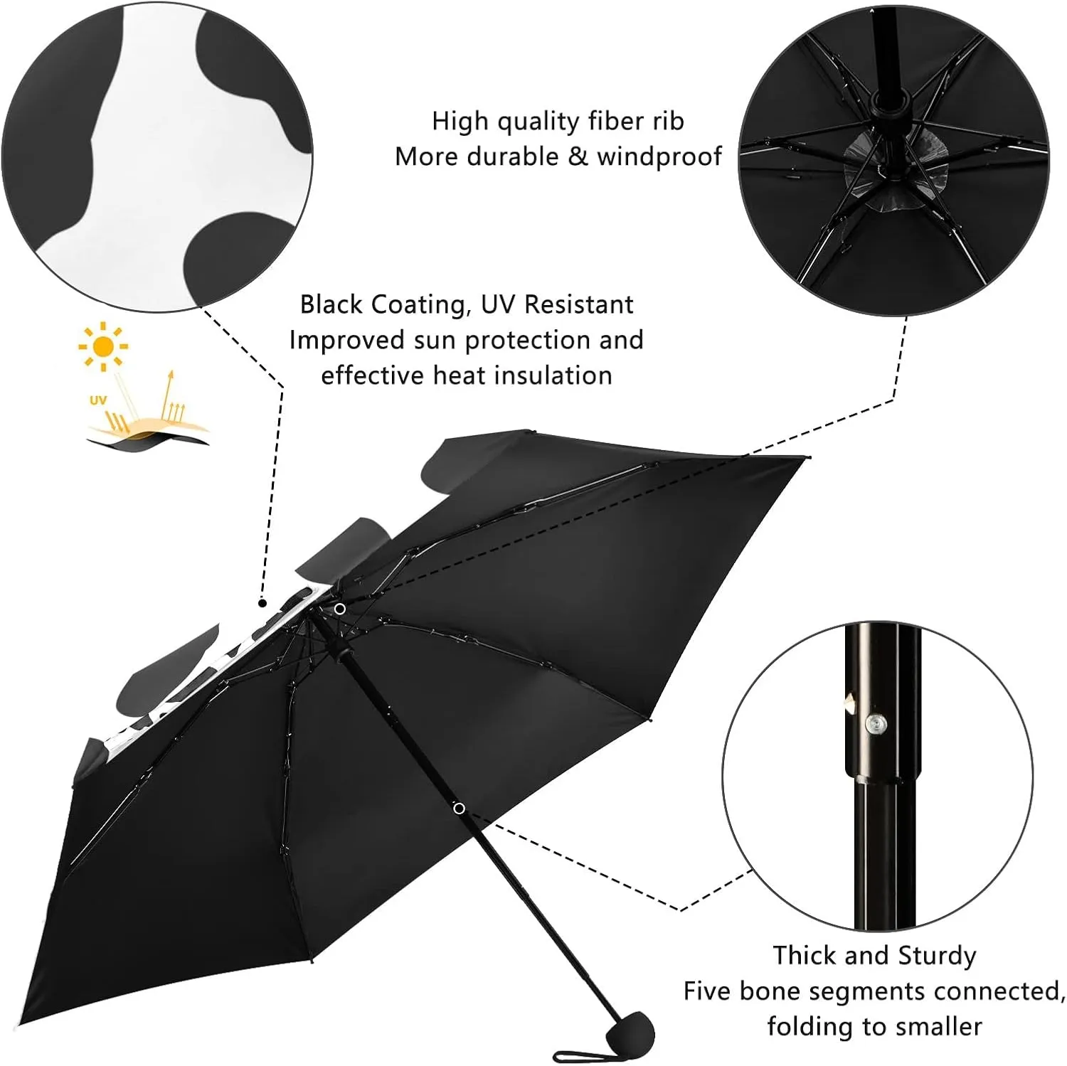 5 Folding Compact Pocket Windproof Umbrella, 6 Ribs Ultra-Light Foldable Vinyl Parasol, Mini Anti-UV Travel Umbrella
