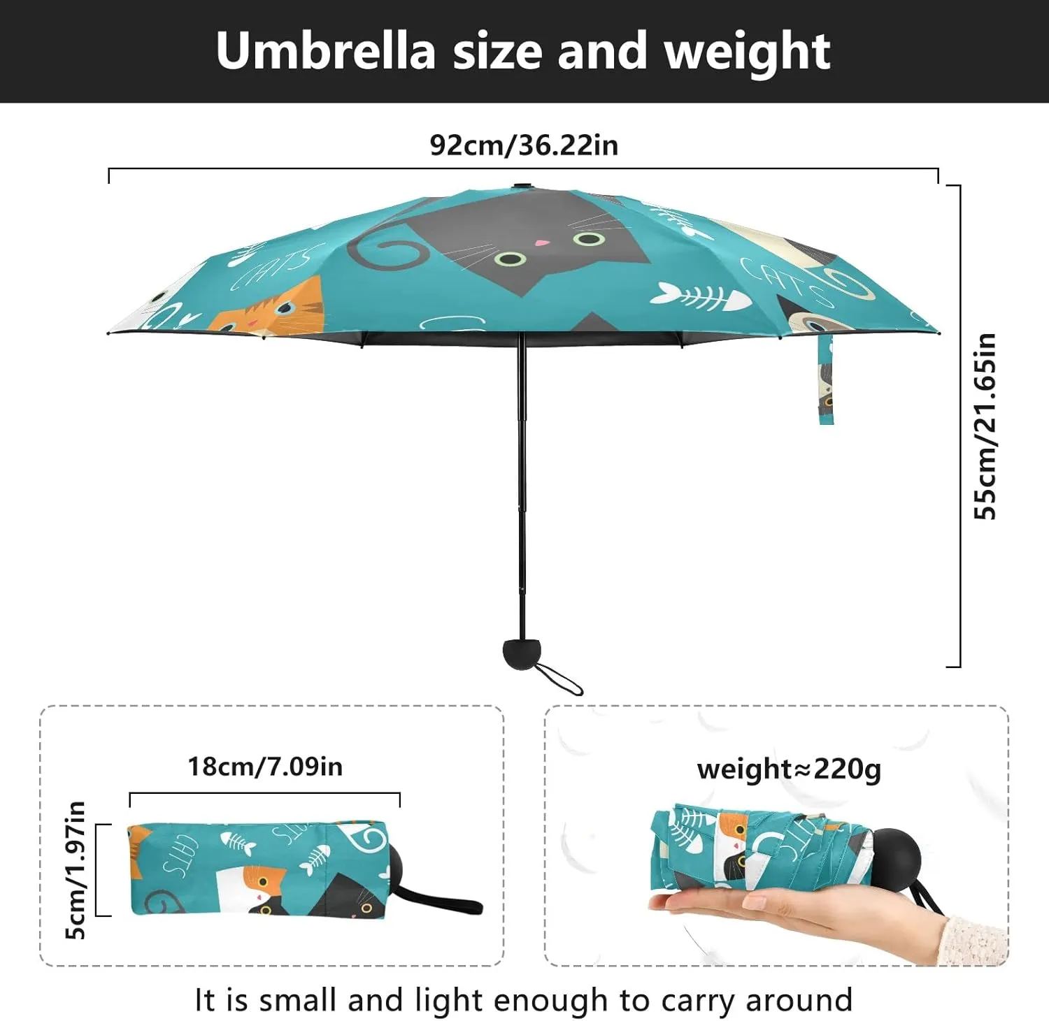 5 Folding Compact Pocket Windproof Umbrella, 6 Ribs Ultra-Light Foldable Vinyl Parasol, Mini Anti-UV Travel Umbrella