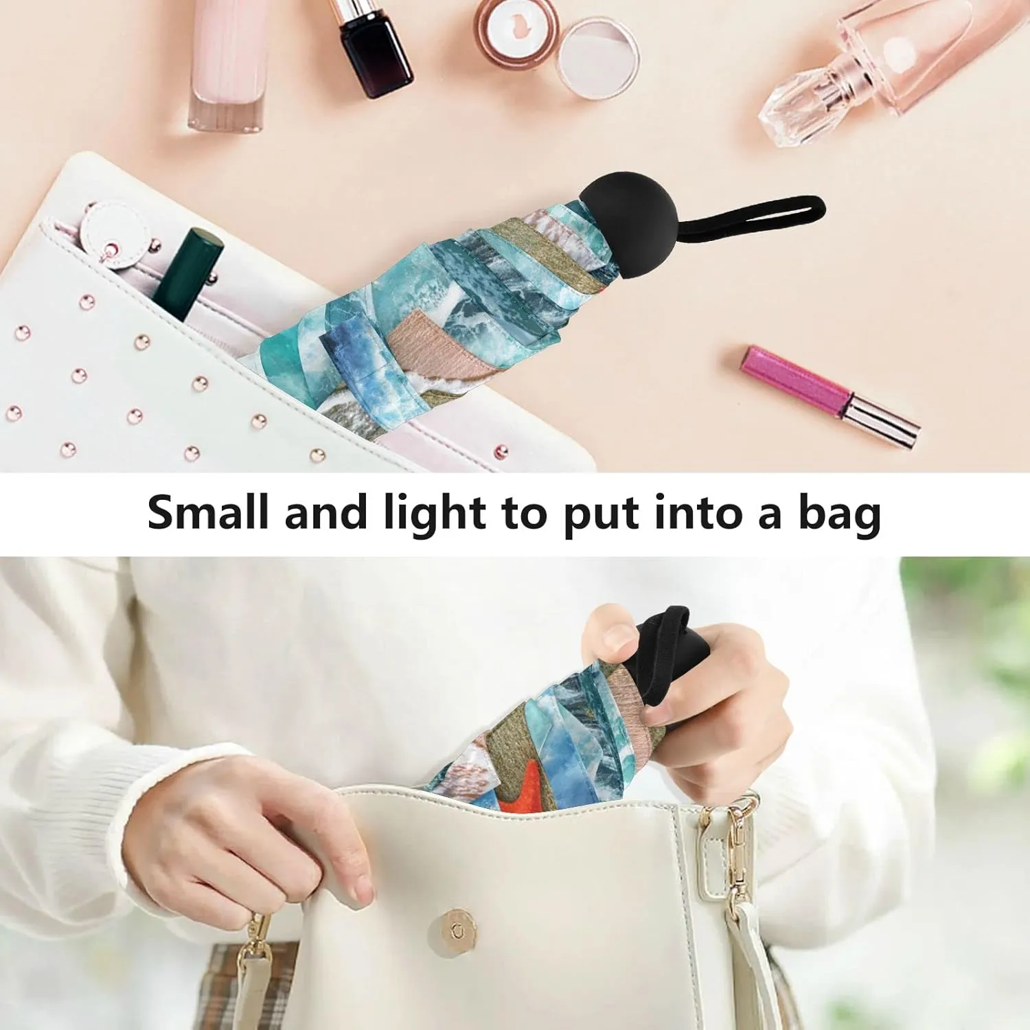 5 Folding Compact Pocket Windproof Umbrella, 6 Ribs Ultra-Light Foldable Vinyl Parasol, Mini Anti-UV Travel Umbrella