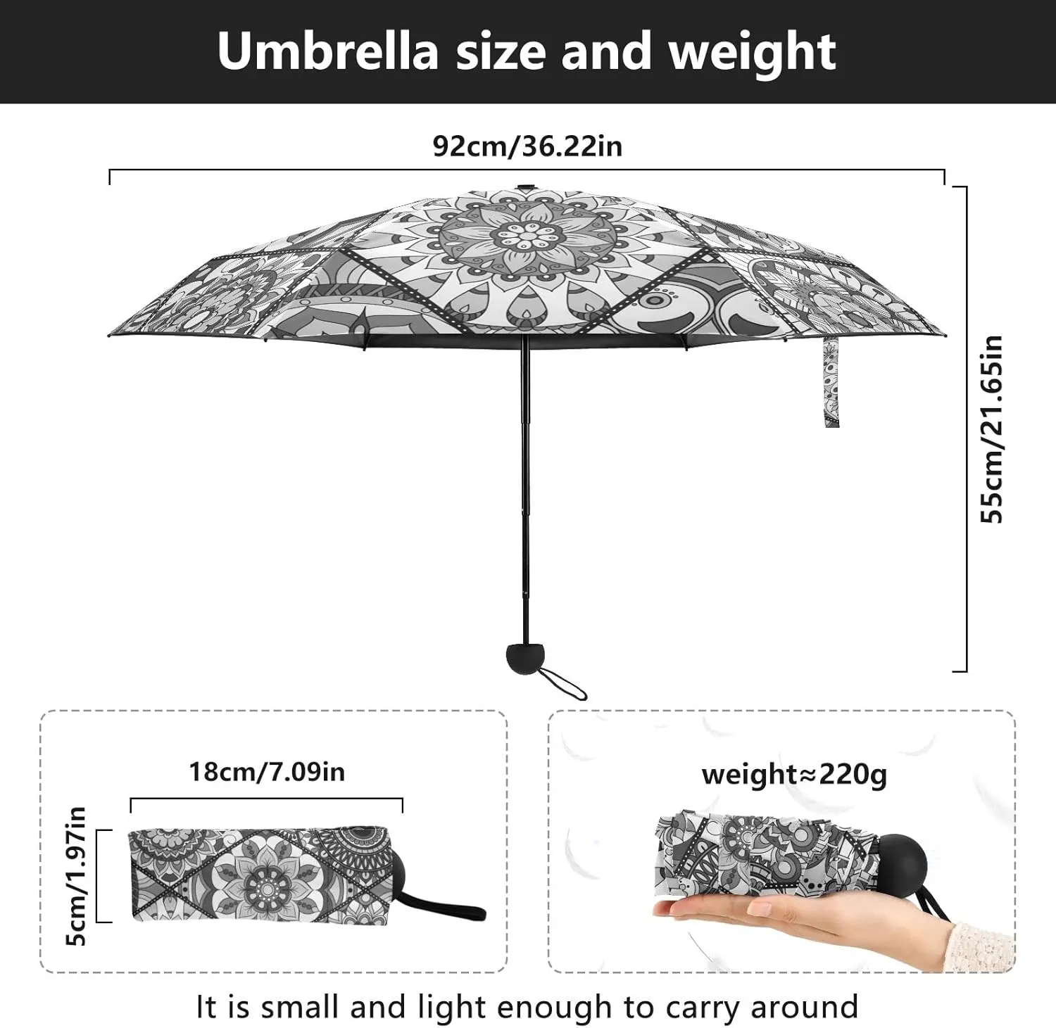 5 Folding Compact Pocket Windproof Umbrella, 6 Ribs Ultra-Light Foldable Vinyl Parasol, Small Mini Anti-UV Travel Umbrella
