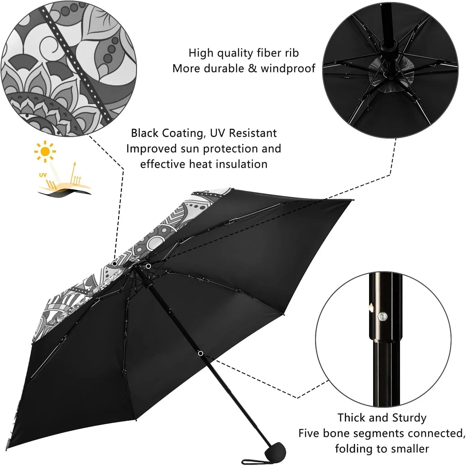 5 Folding Compact Pocket Windproof Umbrella, 6 Ribs Ultra-Light Foldable Vinyl Parasol, Small Mini Anti-UV Travel Umbrella