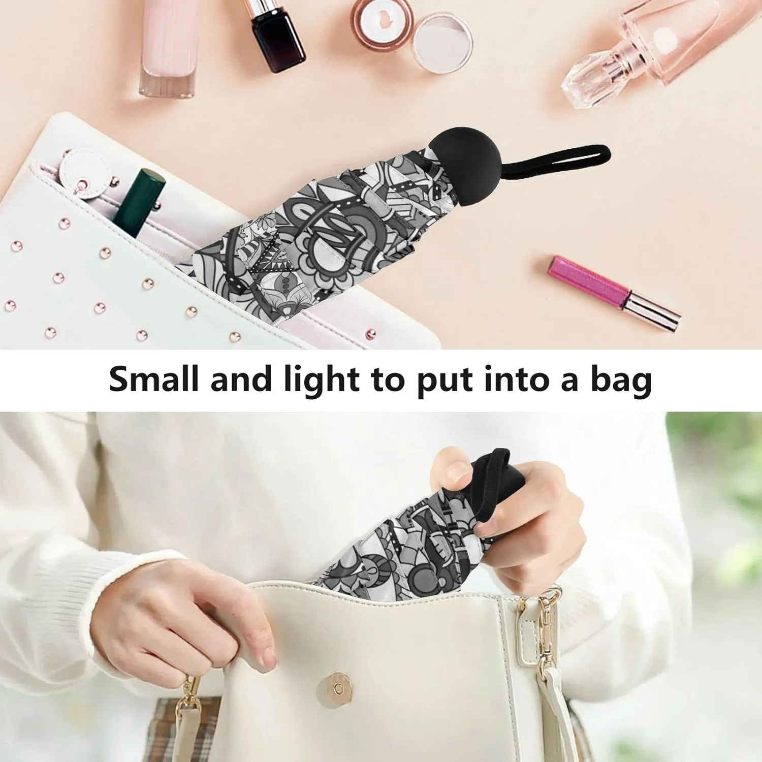 5 Folding Compact Pocket Windproof Umbrella, 6 Ribs Ultra-Light Foldable Vinyl Parasol, Small Mini Anti-UV Travel Umbrella