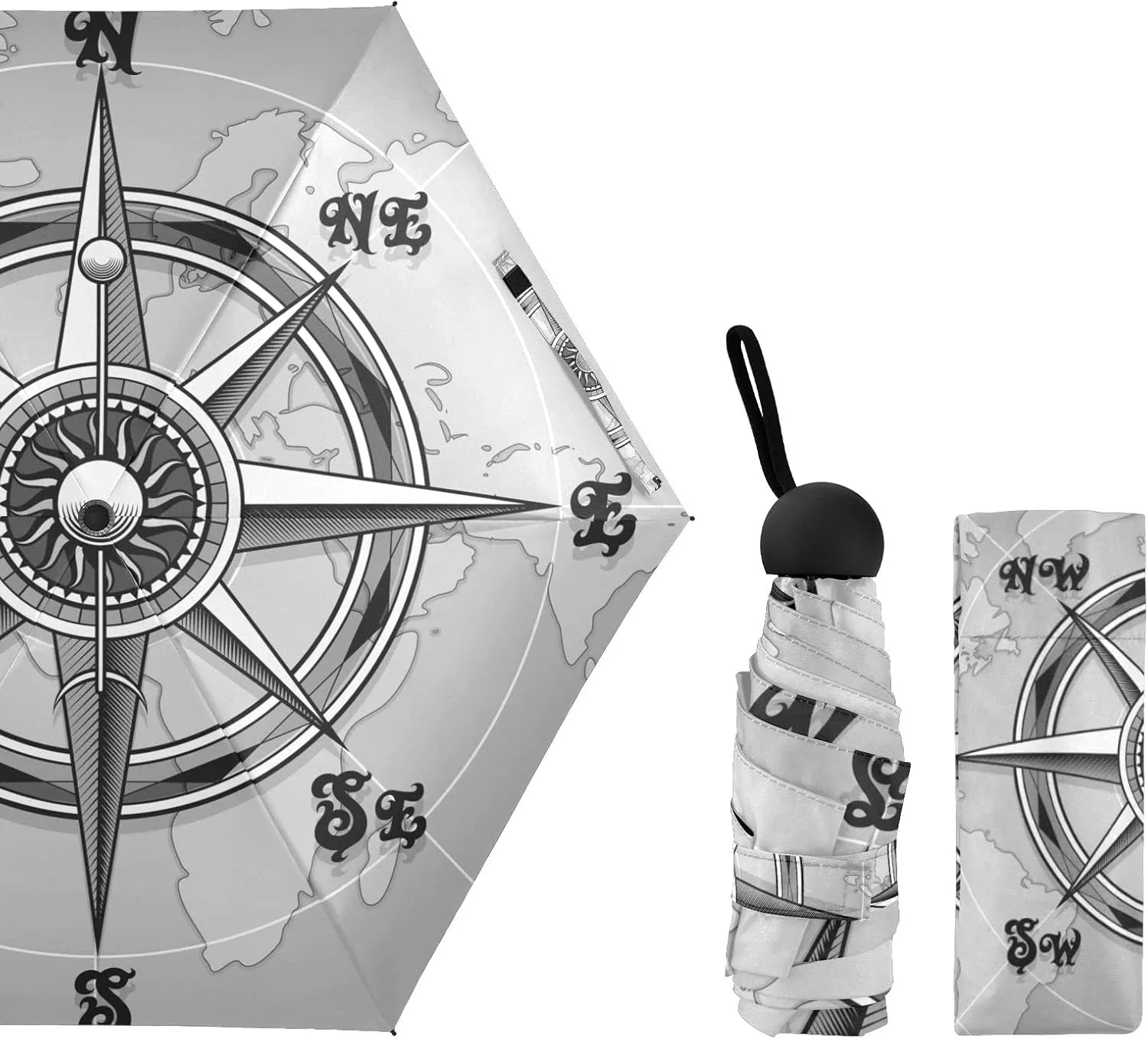 5 Folding Compact Pocket Windproof Umbrella, 6 Ribs Ultra-Light Foldable Vinyl Parasol, Small Mini Anti-UV Travel Umbrella