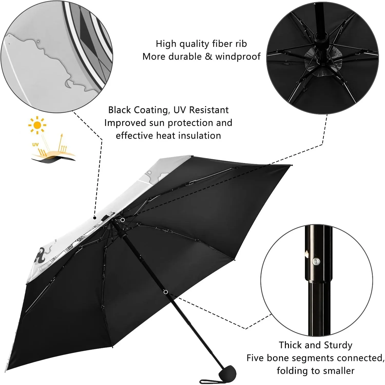 5 Folding Compact Pocket Windproof Umbrella, 6 Ribs Ultra-Light Foldable Vinyl Parasol, Small Mini Anti-UV Travel Umbrella