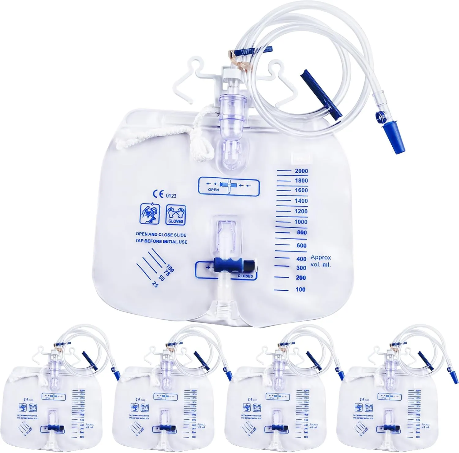 5 Pack 2000ml Urine Drainage Bag with 48" Tube, Leak Proof Anti Reflux with Cross-Shaped Drainage Valve and Dual Hook for Easy Hanging