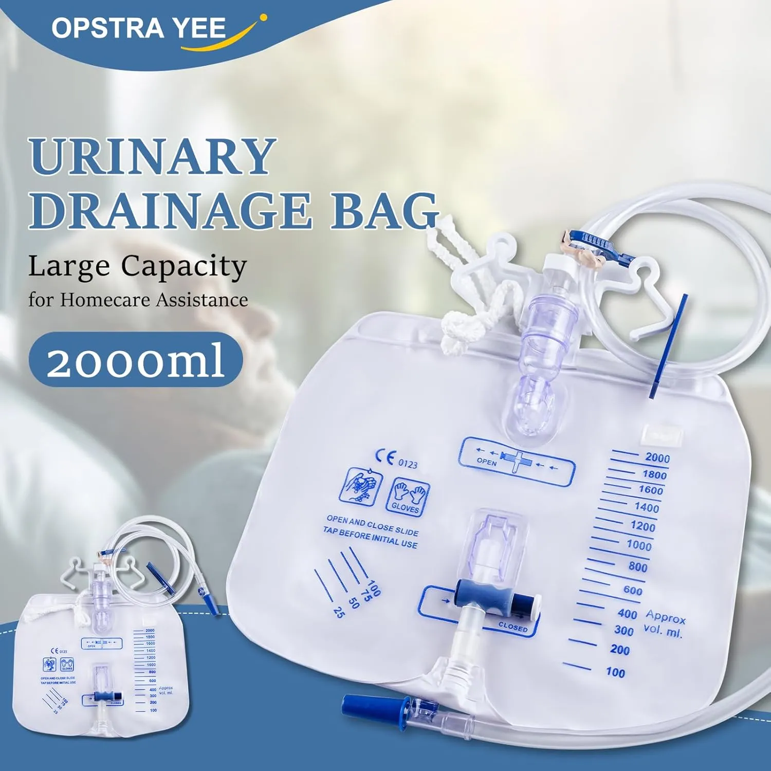 5 Pack 2000ml Urine Drainage Bag with 48" Tube, Leak Proof Anti Reflux with Cross-Shaped Drainage Valve and Dual Hook for Easy Hanging