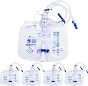 5 Pack 2000ml Urine Drainage Bag with 48" Tube, Leak Proof Anti Reflux with Cross-Shaped Drainage Valve and Dual Hook for Easy Hanging