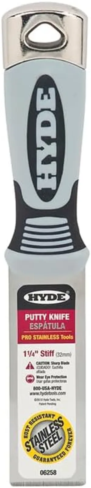 5-Pack of 1-1/4” Hyde 06258 Pro-Stainless Stiff Stainless Steel Putty Knife w/Hammer Head End