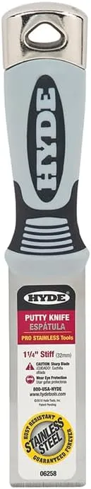5-Pack of 1-1/4” Hyde 06258 Pro-Stainless Stiff Stainless Steel Putty Knife w/Hammer Head End