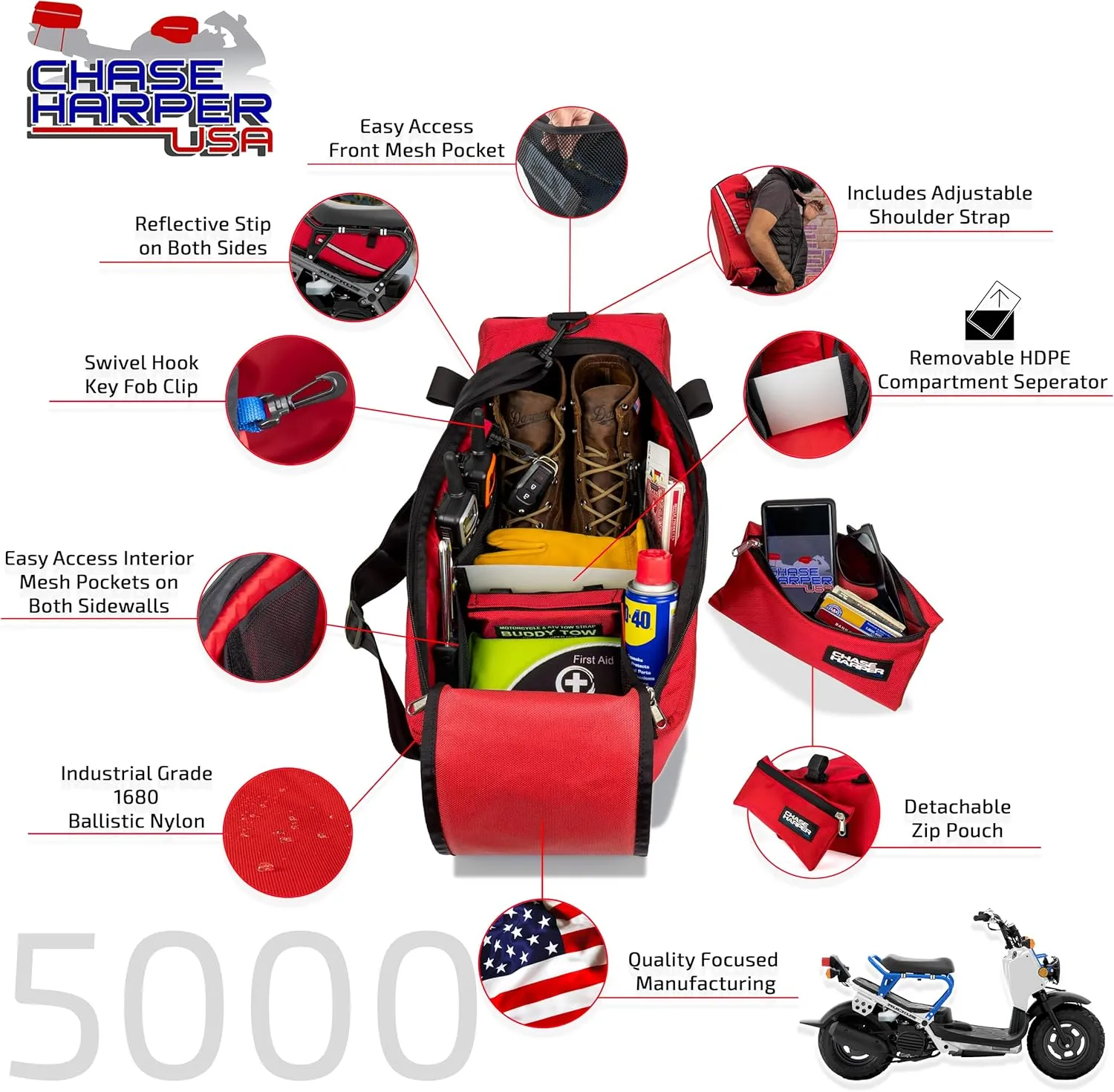 5000 Under The Seat Bag - 2020 Model - Compatible with All Honda Ruckus Model Years - Water and Tear-Resistant Industrial Grade Ballistic Nylon - Red