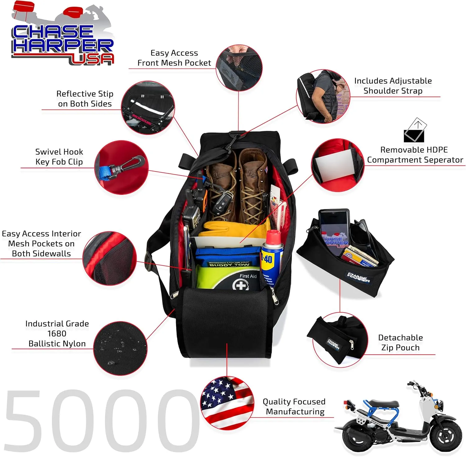 5000 Under The Seat Bag - Compatible with All Honda Ruckus Model Years - Water and Tear-Resistant, Industrial Grade Ballistic Nylon with Hook and Loop Secure Straps - Black
