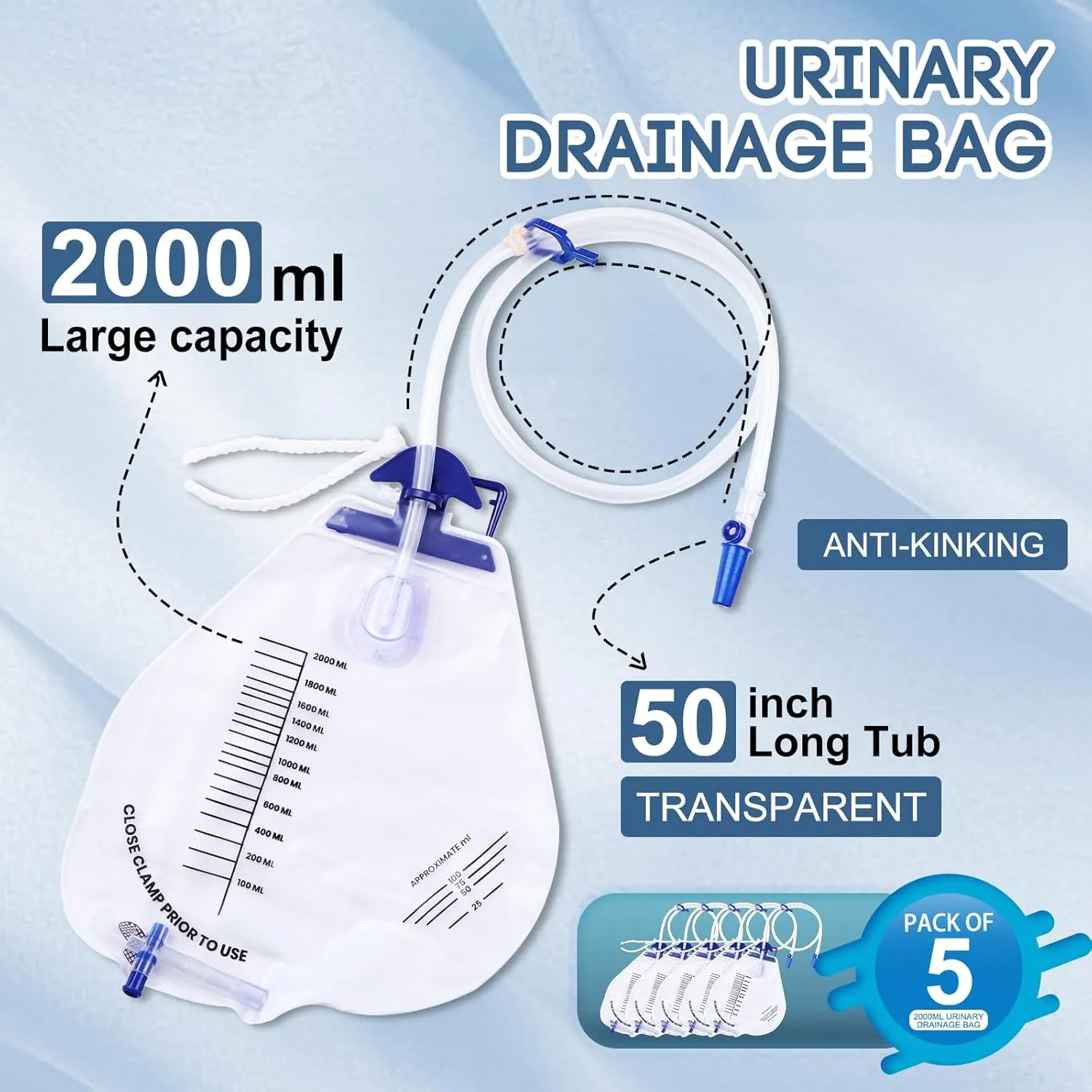 5Pcs 2000ml Urinary Drainage Bag with Anti-Reflux Chamber, 48" Flexible Tube, Leak-Proof Drainage, with Clips and Hanging Hook for Home and Health Aids