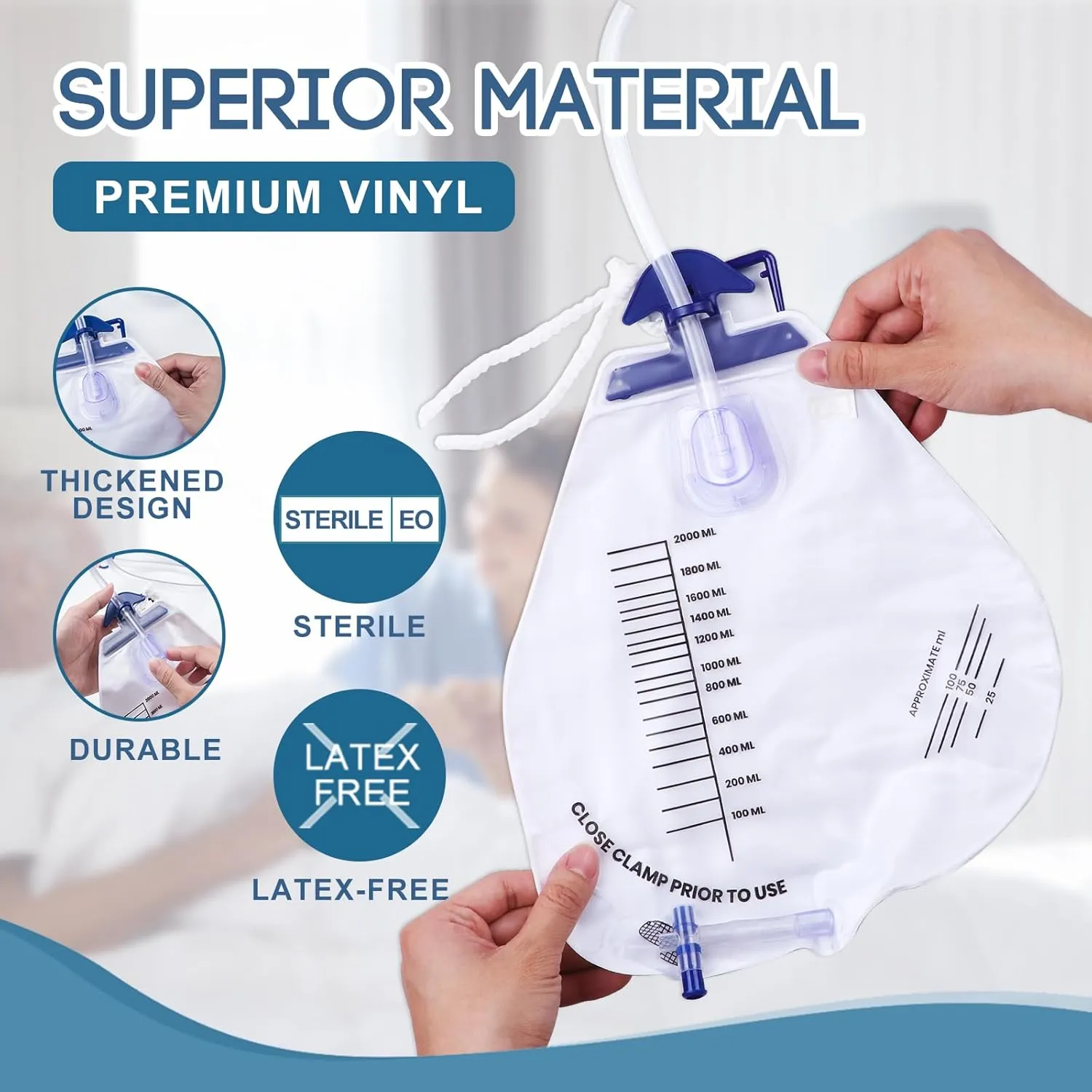5Pcs 2000ml Urinary Drainage Bag with Anti-Reflux Chamber, 48" Flexible Tube, Leak-Proof Drainage, with Clips and Hanging Hook for Home and Health Aids