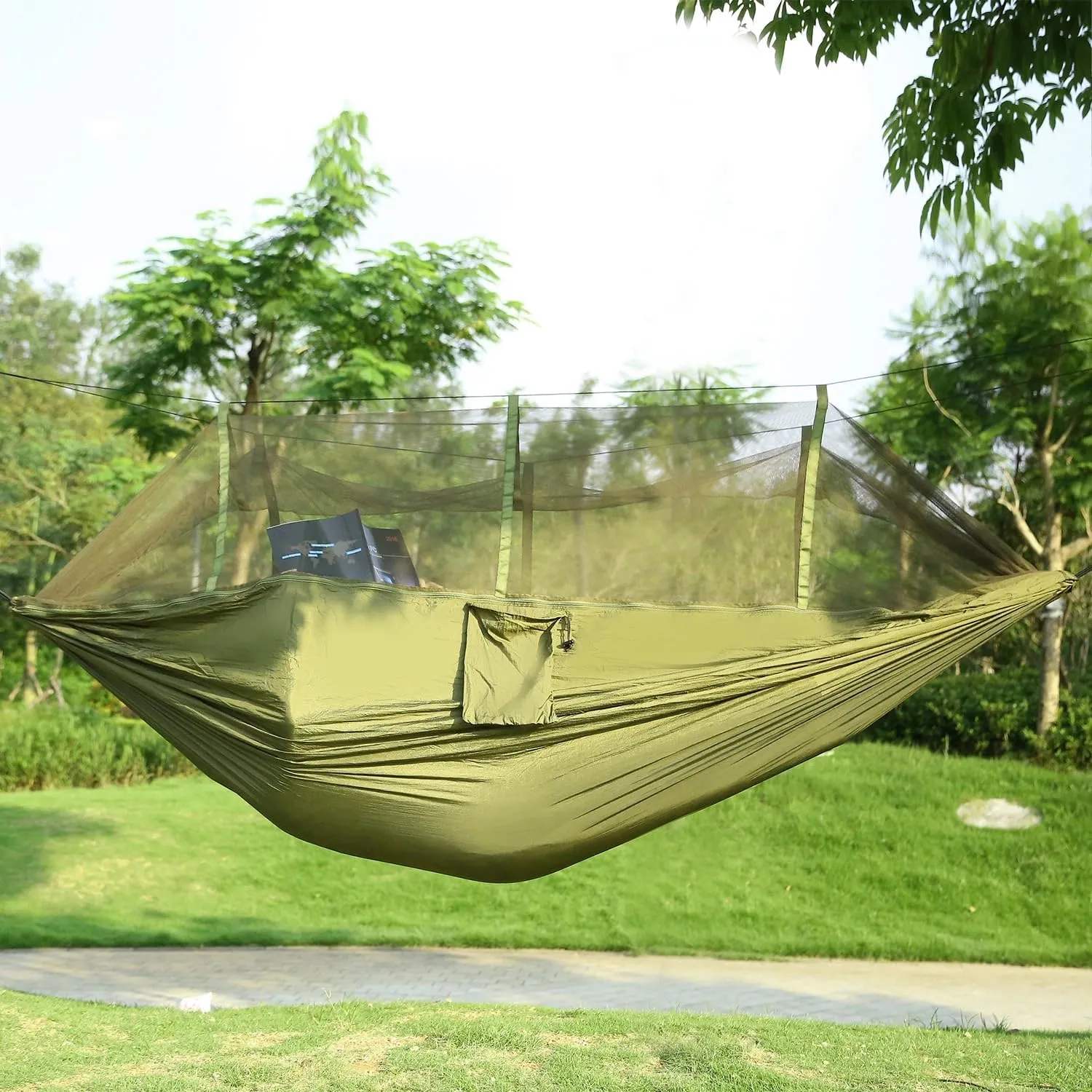 600lbs Load 2 Persons Hammock with Mosquito Net Outdoor Hiking Camping Hommock Portable Nylon Swing Hanging Bed, Army Green
