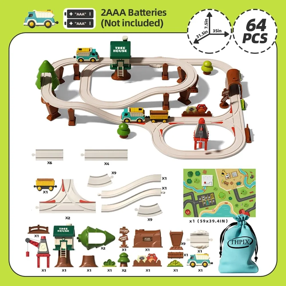 64pcs Train Track Set for Toddlers, Forest Theme Kids Motorized Magnetic Train Toy,Train Railway Track Set, Birthday Gifts for 3 4 5 6 7 Year Old Boys Girls Children，with Storage Bag and Rug