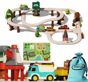 64pcs Train Track Set for Toddlers, Forest Theme Kids Motorized Magnetic Train Toy,Train Railway Track Set, Birthday Gifts for 3 4 5 6 7 Year Old Boys Girls Children，with Storage Bag and Rug