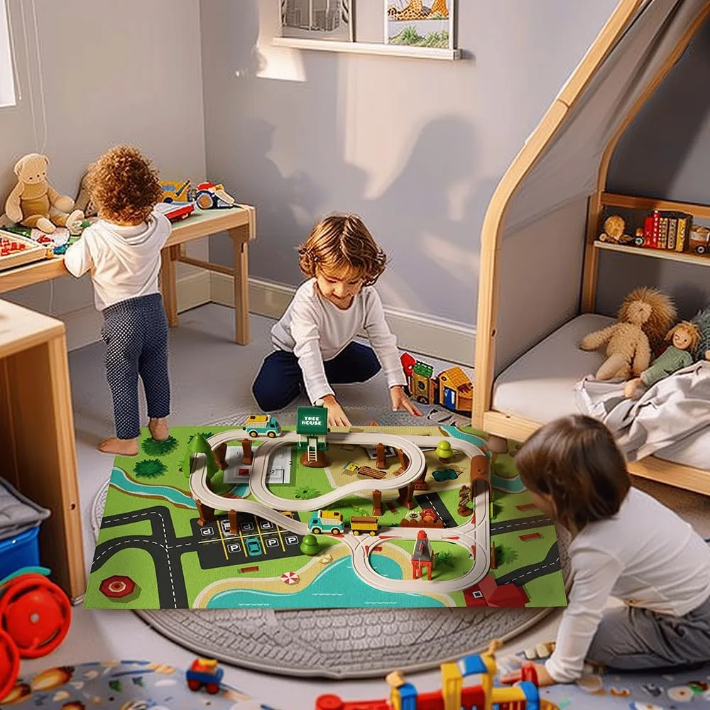 64pcs Train Track Set for Toddlers, Forest Theme Kids Motorized Magnetic Train Toy,Train Railway Track Set, Birthday Gifts for 3 4 5 6 7 Year Old Boys Girls Children，with Storage Bag and Rug