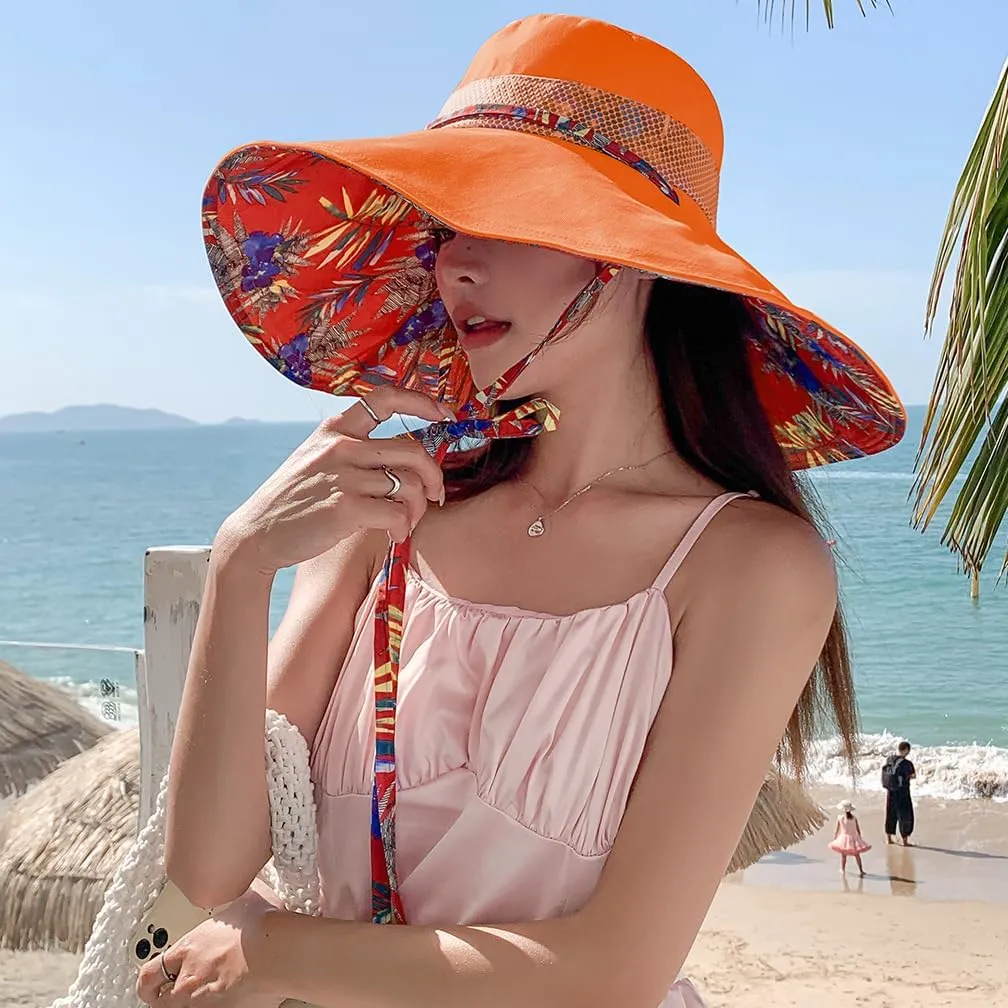 6" Extra Wide Brim Sun Hats UPF 50  UV Protection Packable Beach Hat Strap Women