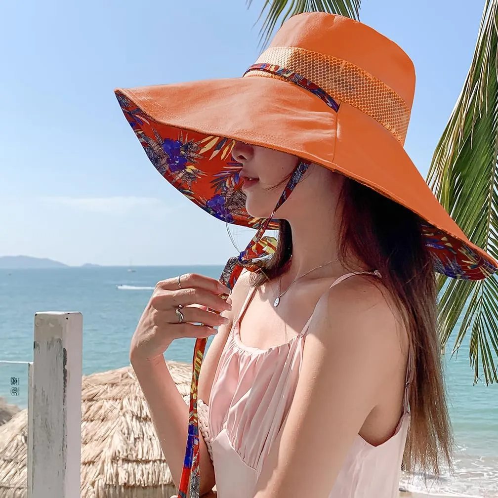 6" Extra Wide Brim Sun Hats UPF 50  UV Protection Packable Beach Hat Strap Women