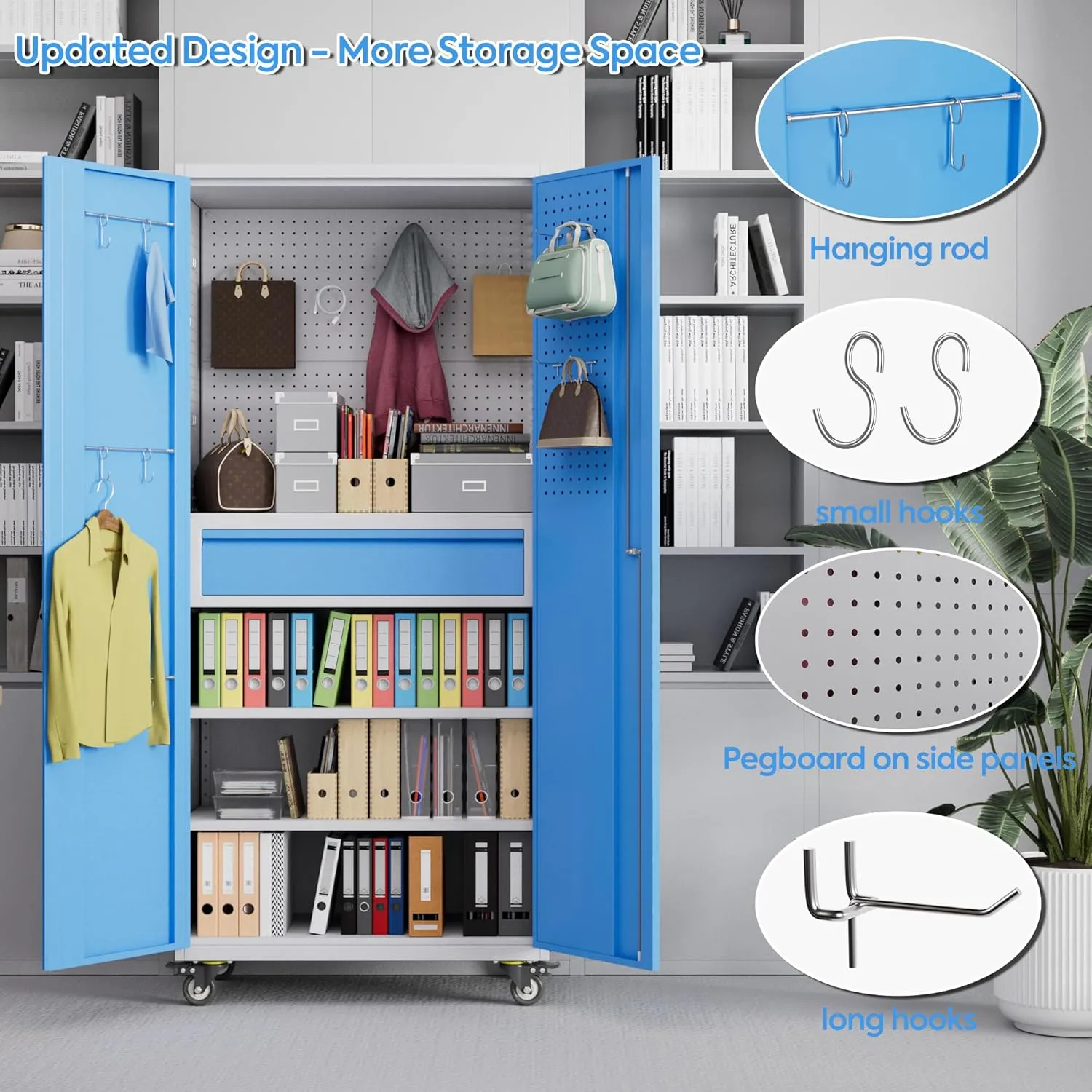 71" Metal Garage Storage Cabinet with 16 Hooks and Pegboards,1 Drawer Inside Rolling Tool Storage Cabinet with Adjustable Shelves,3 Metal Hanging Rod for Garage,Warehouse(Grey/Blue)