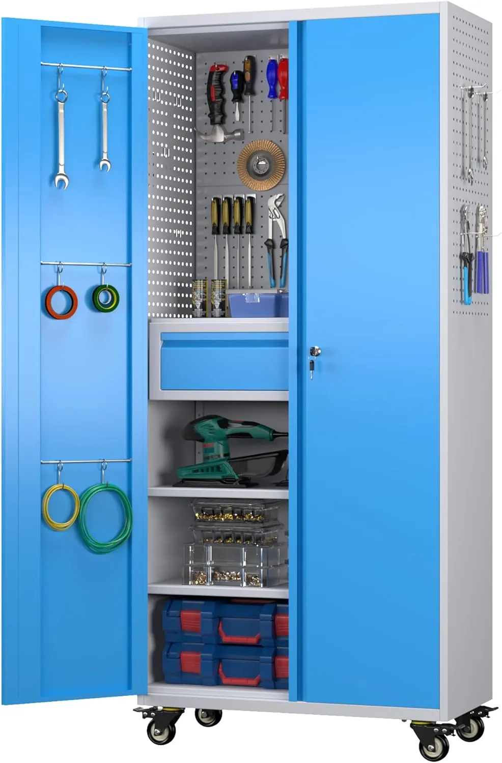 71" Metal Garage Storage Cabinet with 16 Hooks and Pegboards,1 Drawer Inside Rolling Tool Storage Cabinet with Adjustable Shelves,3 Metal Hanging Rod for Garage,Warehouse(Grey/Blue)