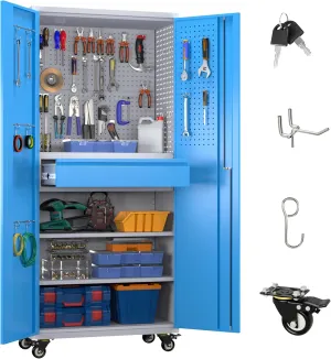 71" Metal Garage Storage Cabinet with 16 Hooks and Pegboards,1 Drawer Inside Rolling Tool Storage Cabinet with Adjustable Shelves,3 Metal Hanging Rod for Garage,Warehouse(Grey/Blue)