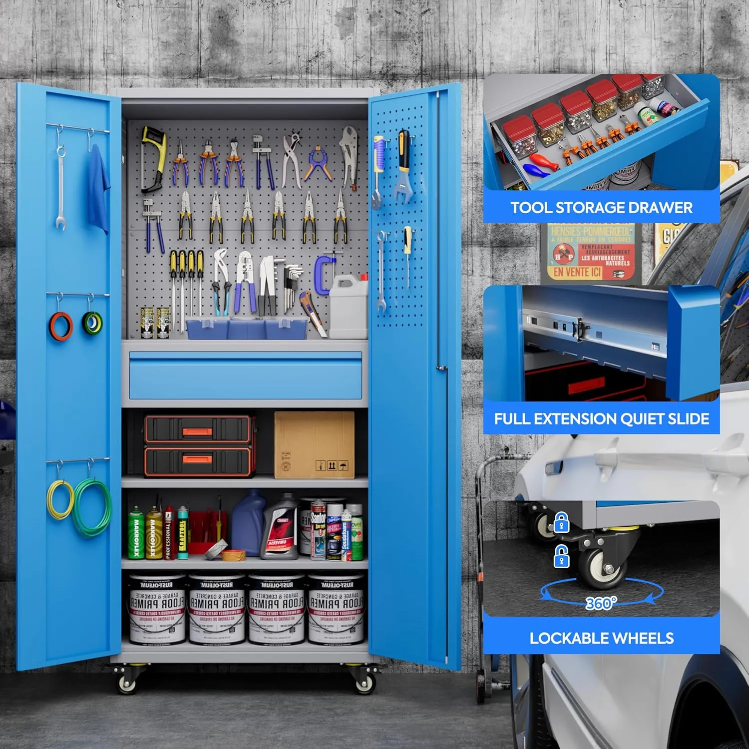 71" Metal Garage Storage Cabinet with 16 Hooks and Pegboards,1 Drawer Inside Rolling Tool Storage Cabinet with Adjustable Shelves,3 Metal Hanging Rod for Garage,Warehouse(Grey/Blue)