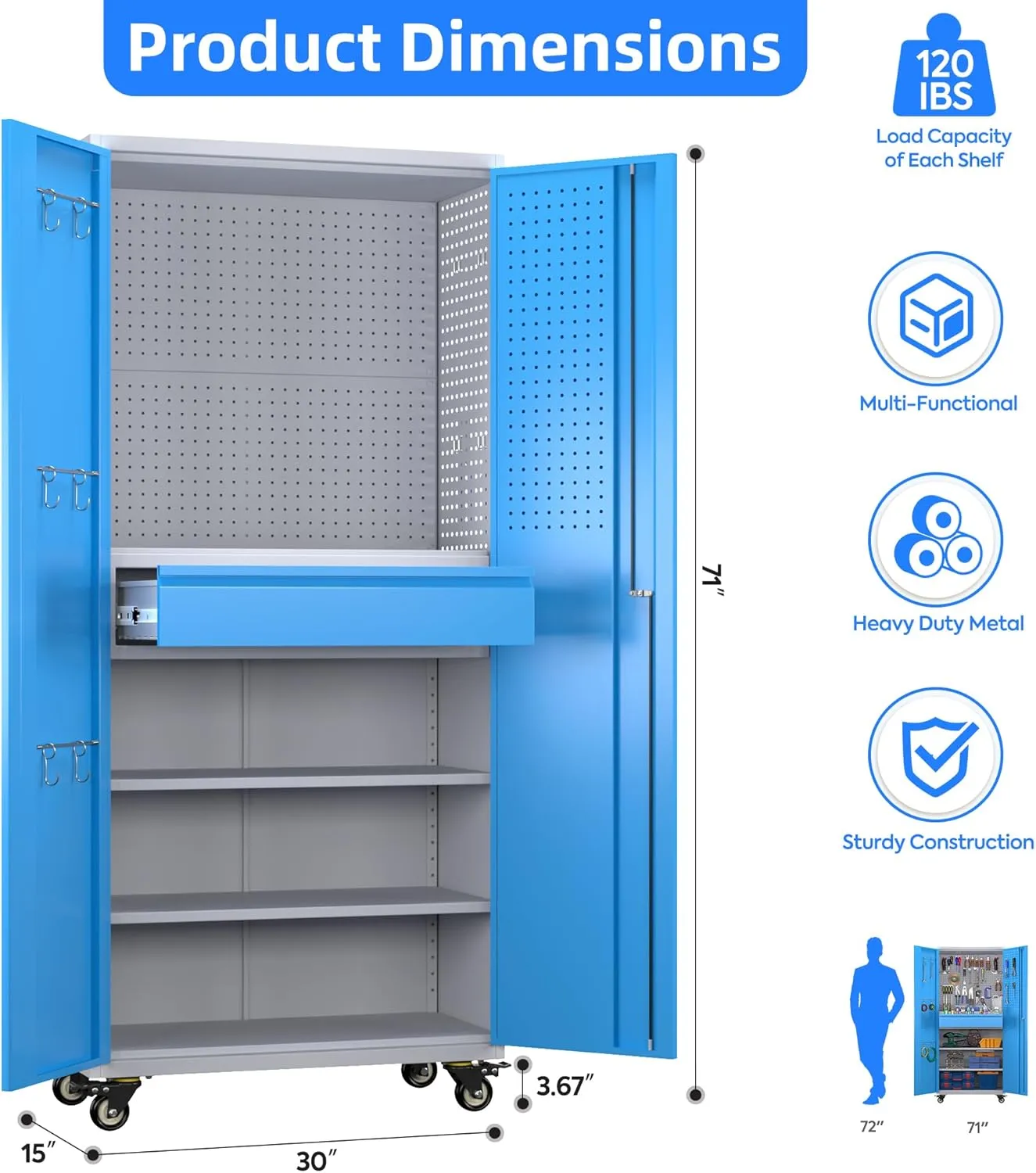 71" Metal Garage Storage Cabinet with 16 Hooks and Pegboards,1 Drawer Inside Rolling Tool Storage Cabinet with Adjustable Shelves,3 Metal Hanging Rod for Garage,Warehouse(Grey/Blue)
