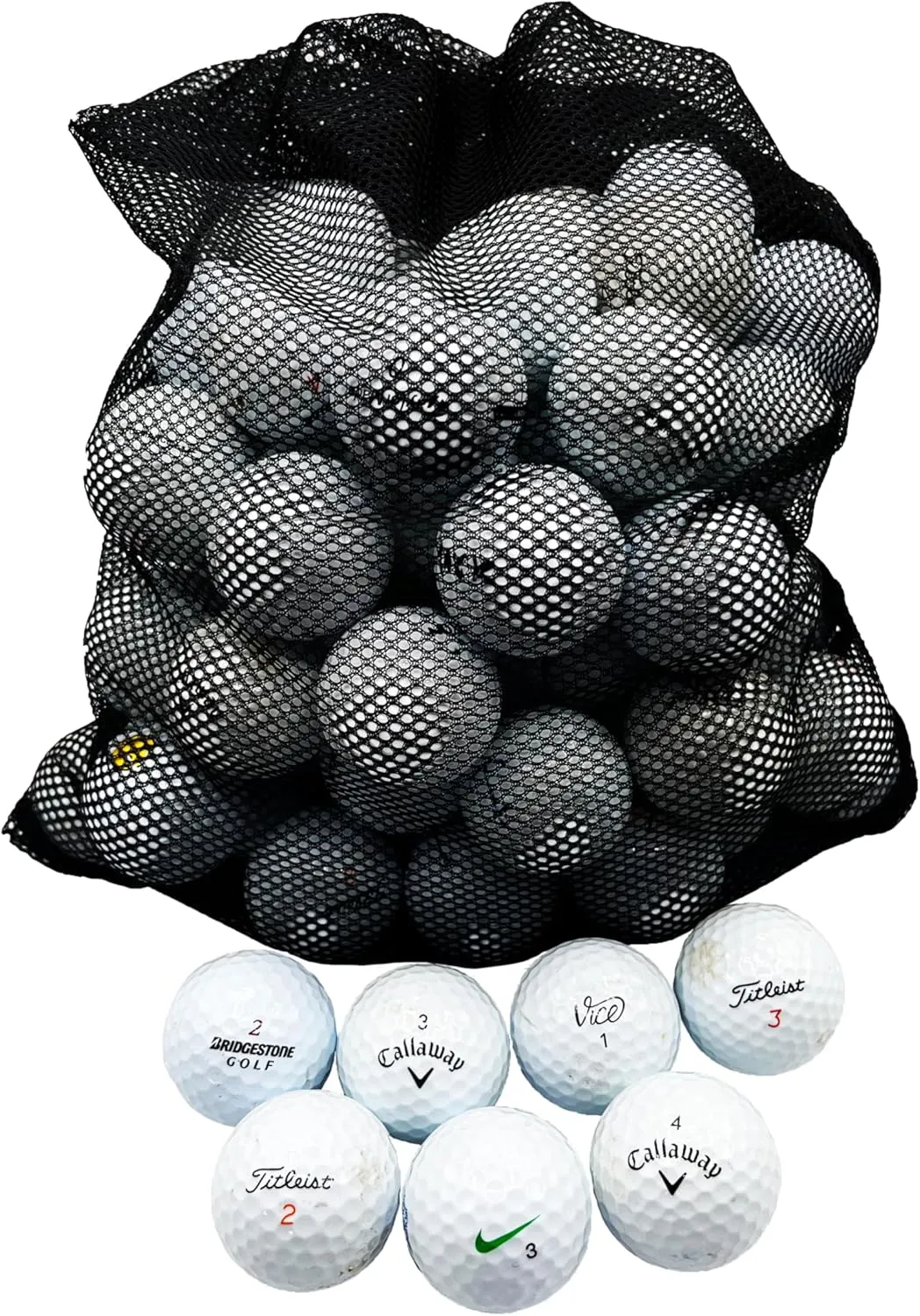 72-Pack Callaway, Vice, Taylormade Assorted Model Recycled B/C Grade Golf Balls with Mesh Bag - Premium Brand Mix, White