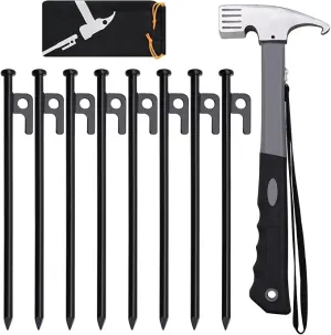 8/10/12/16in Tent Stakes and Hammer Set, 8pcs Heavy Duty Forged Steel Tent Stakes   Camping Hammer   Storage Pouch, Available in Rocky Place(8pcs 10in Stakes and Hammer)
