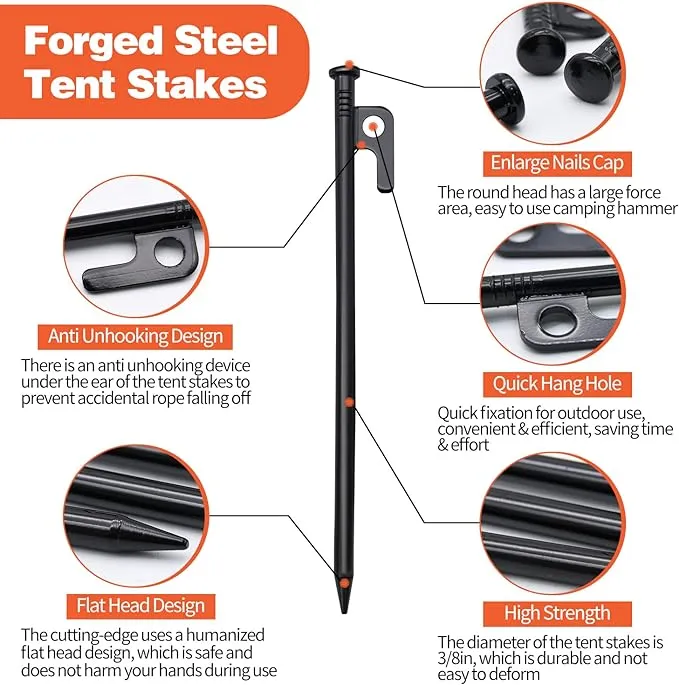 8/10/12/16in Tent Stakes and Hammer Set, 8pcs Heavy Duty Forged Steel Tent Stakes   Camping Hammer   Storage Pouch, Available in Rocky Place(8pcs 10in Stakes and Hammer)