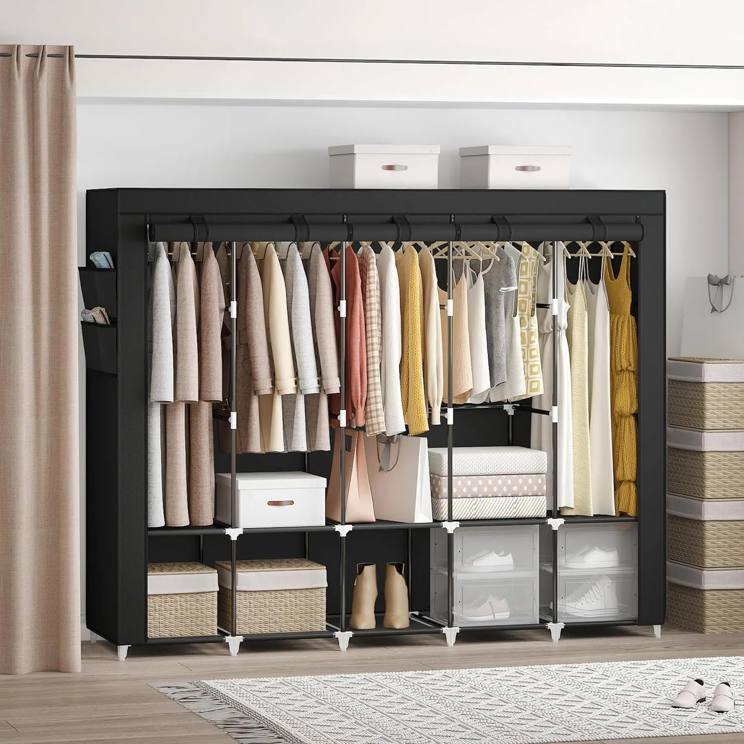 83 Inch Wide Portable Closet Wardrobe, Clothes Storage Rack Organizer with Cover, Side Pockets, 5 Clothes Hanging Rods and 10 Storage Shelves, Black