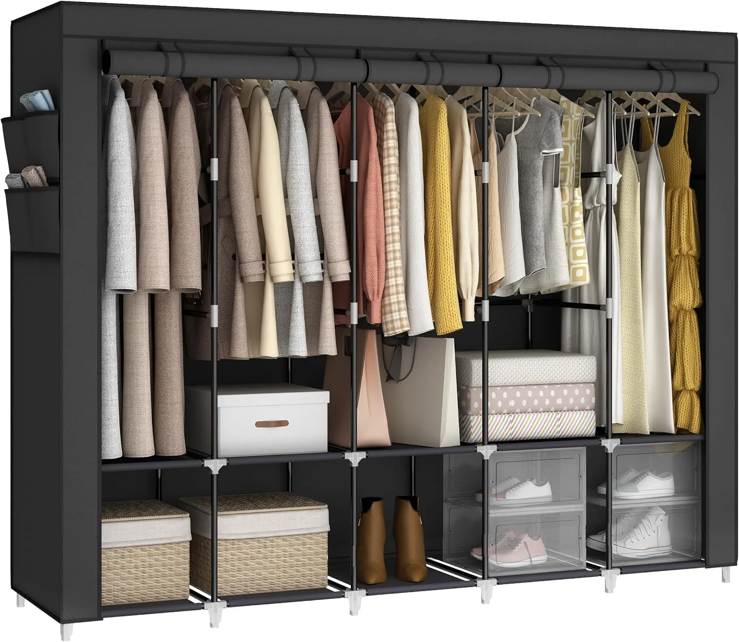 83 Inch Wide Portable Closet Wardrobe, Clothes Storage Rack Organizer with Cover, Side Pockets, 5 Clothes Hanging Rods and 10 Storage Shelves, Black