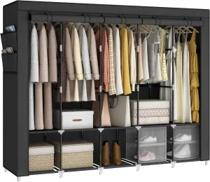 83 Inch Wide Portable Closet Wardrobe, Clothes Storage Rack Organizer with Cover, Side Pockets, 5 Clothes Hanging Rods and 10 Storage Shelves, Black