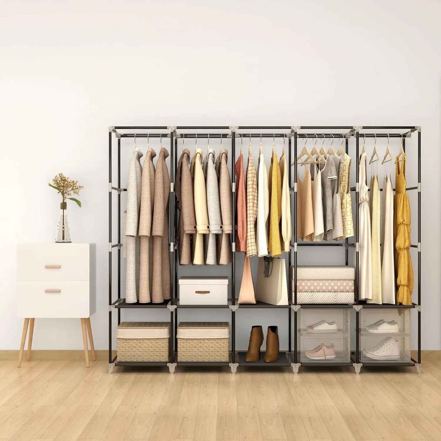 83 Inch Wide Portable Closet Wardrobe, Clothes Storage Rack Organizer with Cover, Side Pockets, 5 Clothes Hanging Rods and 10 Storage Shelves, Black