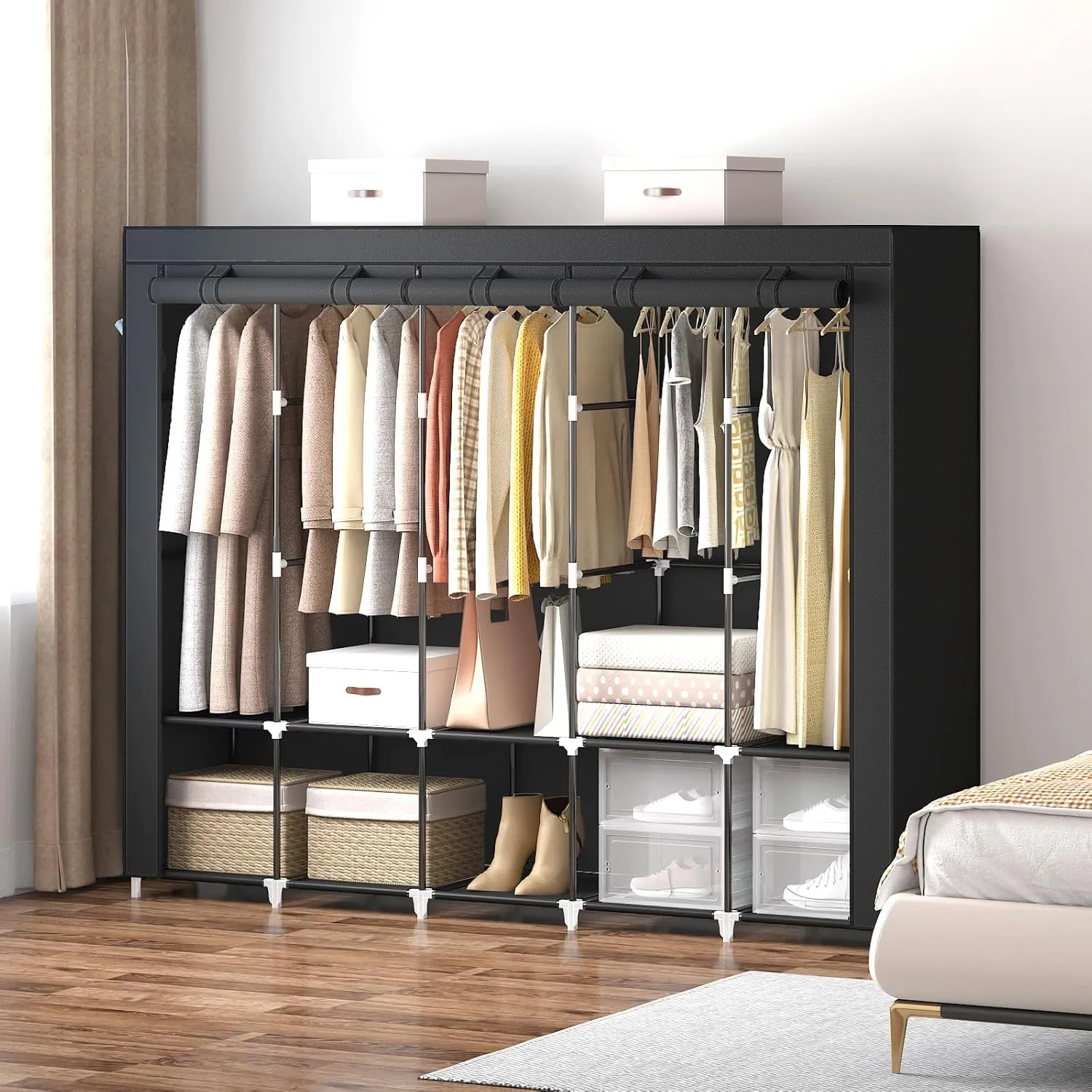 83 Inch Wide Portable Closet Wardrobe, Clothes Storage Rack Organizer with Cover, Side Pockets, 5 Clothes Hanging Rods and 10 Storage Shelves, Black