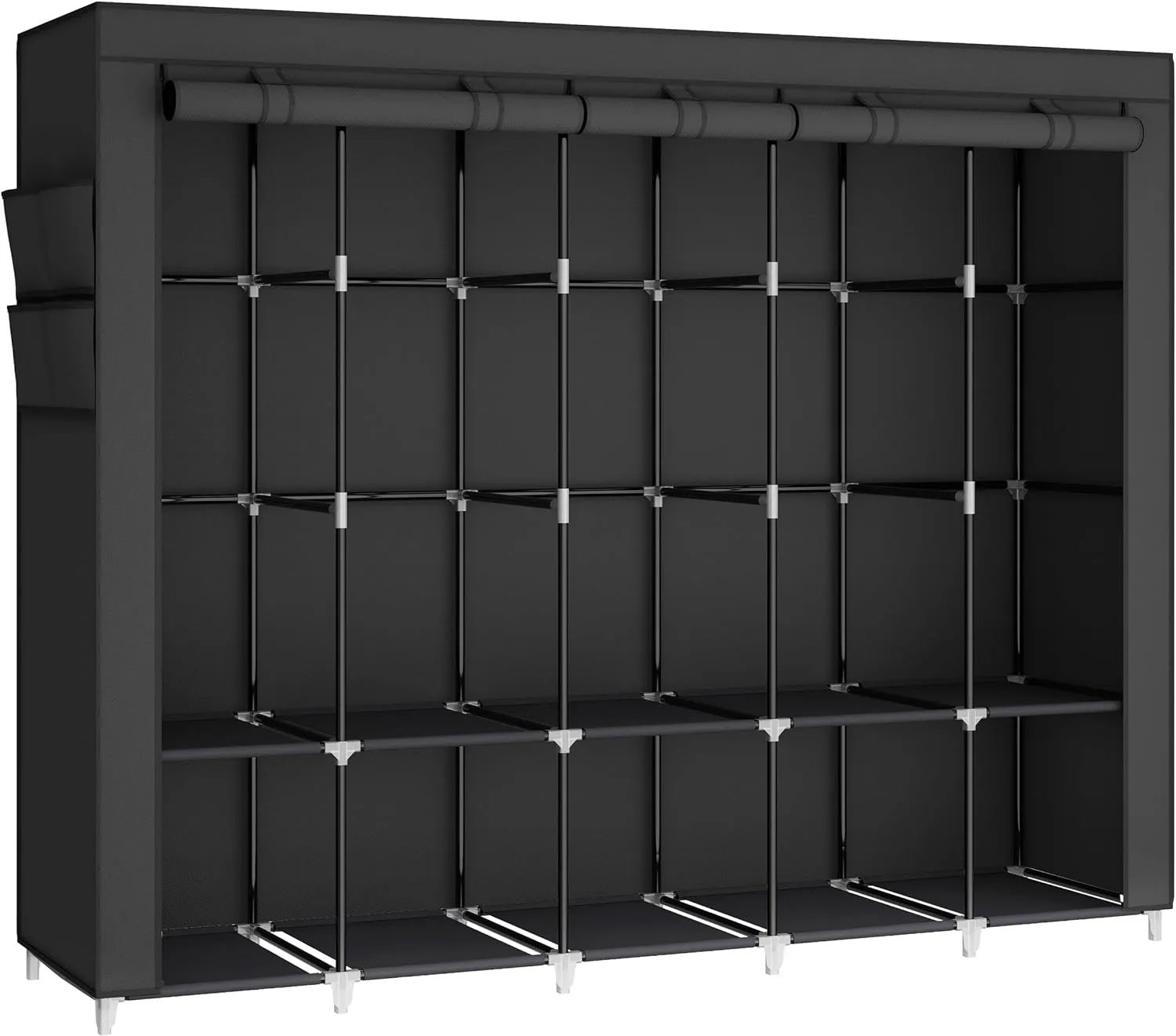83 Inch Wide Portable Closet Wardrobe, Clothes Storage Rack Organizer with Cover, Side Pockets, 5 Clothes Hanging Rods and 10 Storage Shelves, Black