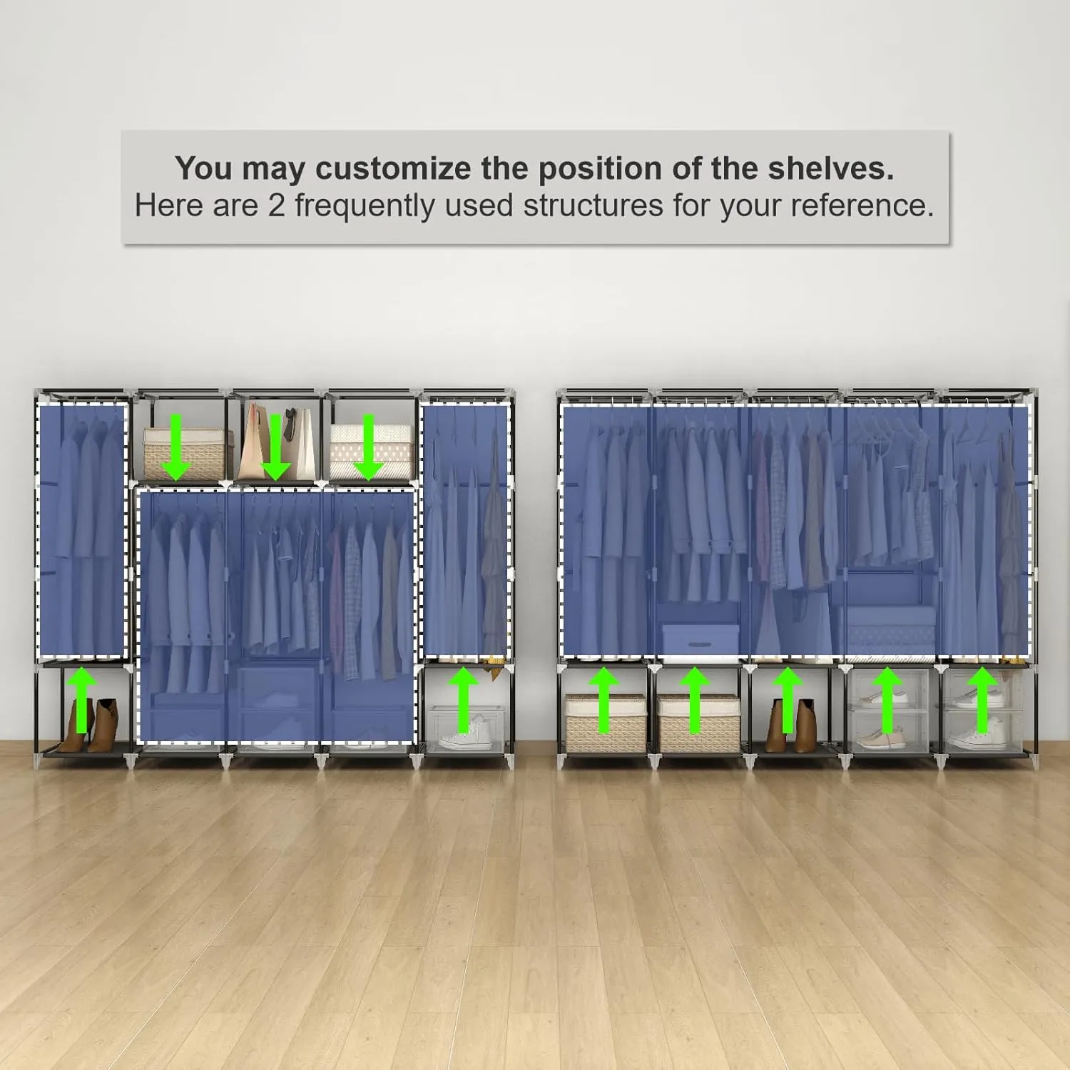 83 Inch Wide Portable Closet Wardrobe, Clothes Storage Rack Organizer with Cover, Side Pockets, 5 Clothes Hanging Rods and 10 Storage Shelves, Black