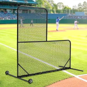 84" H x 84" W L-Shaped Baseball Net for Batting Cages, Includes Wheels Carry Bag - Black