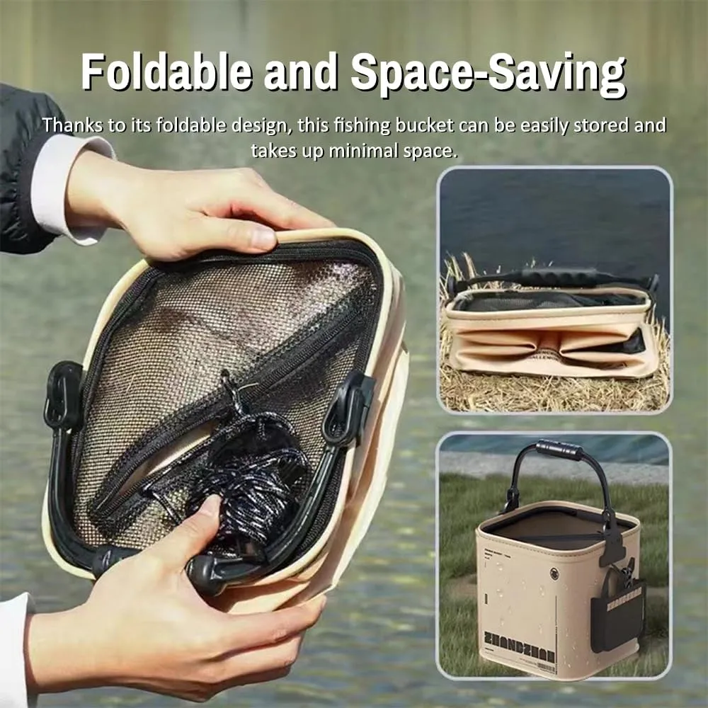 8L Collapsible Fishing Bucket Portable Fish Bucket Multifunctional EVA Water Containers with Mesh Lid, Handle and Rope for Outdoor Camping Hiking Fishing Car Washing