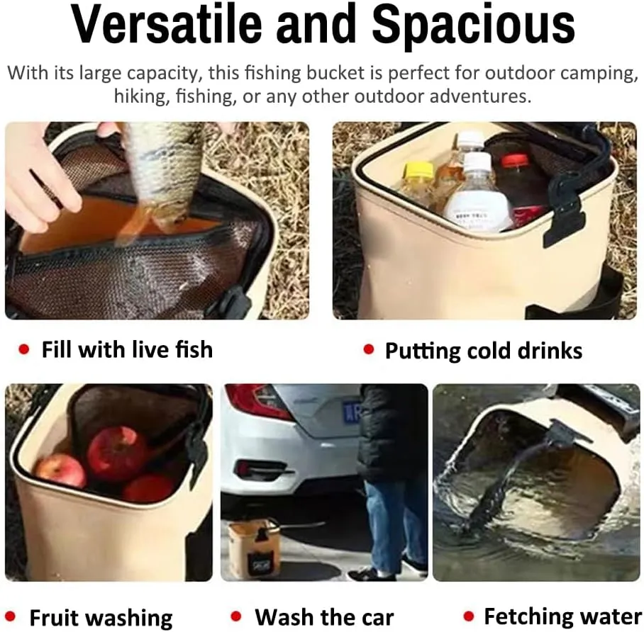 8L Collapsible Fishing Bucket Portable Fish Bucket Multifunctional EVA Water Containers with Mesh Lid, Handle and Rope for Outdoor Camping Hiking Fishing Car Washing