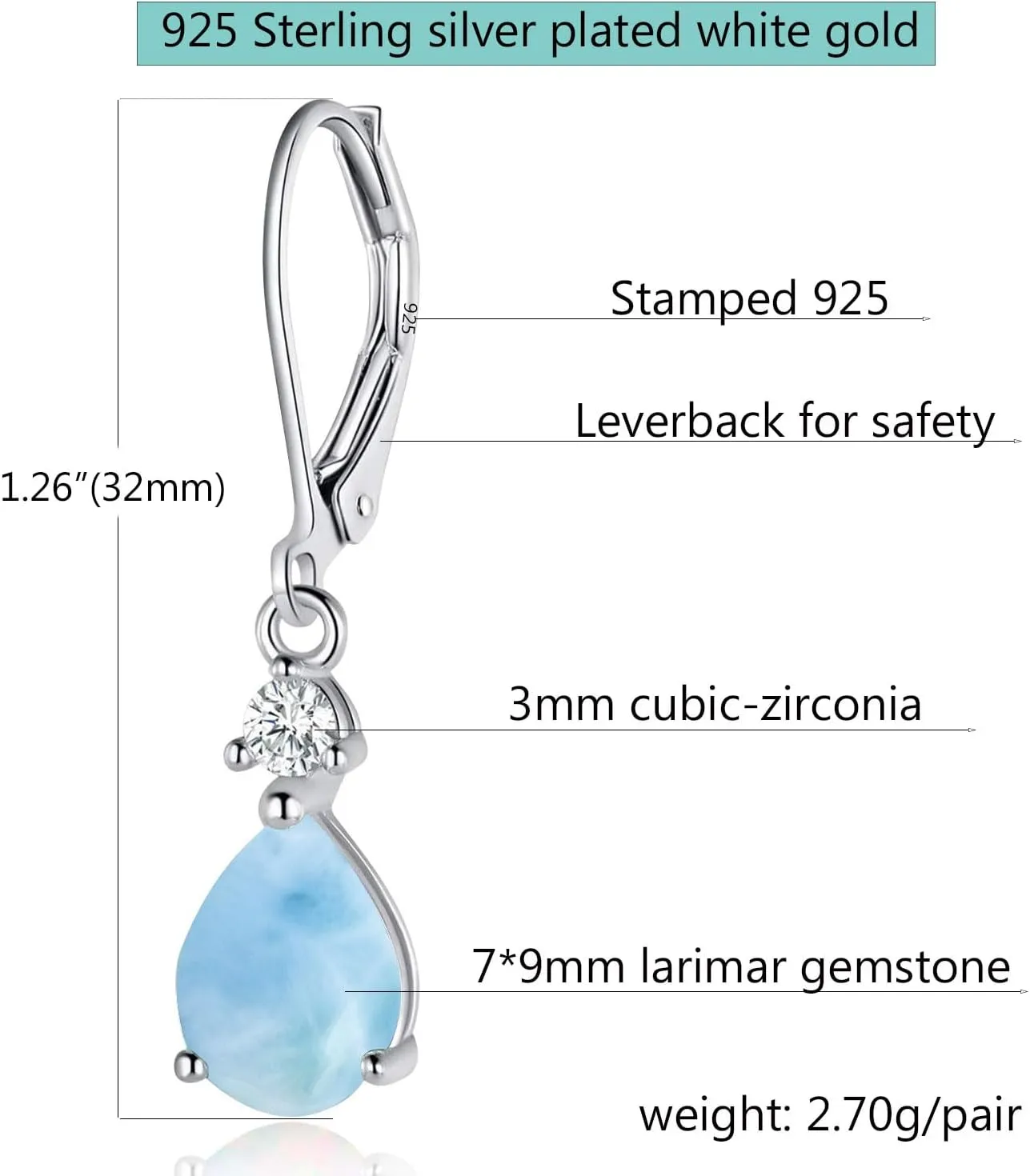 925 Sterling Silver Blue Topaz/Amethyst/Rainbow Quartz CZ Teardrop Leverback Earrings Drop Dangly Gemstone Earings Hypoallergenic Birthday Jewelry Gifts for Women