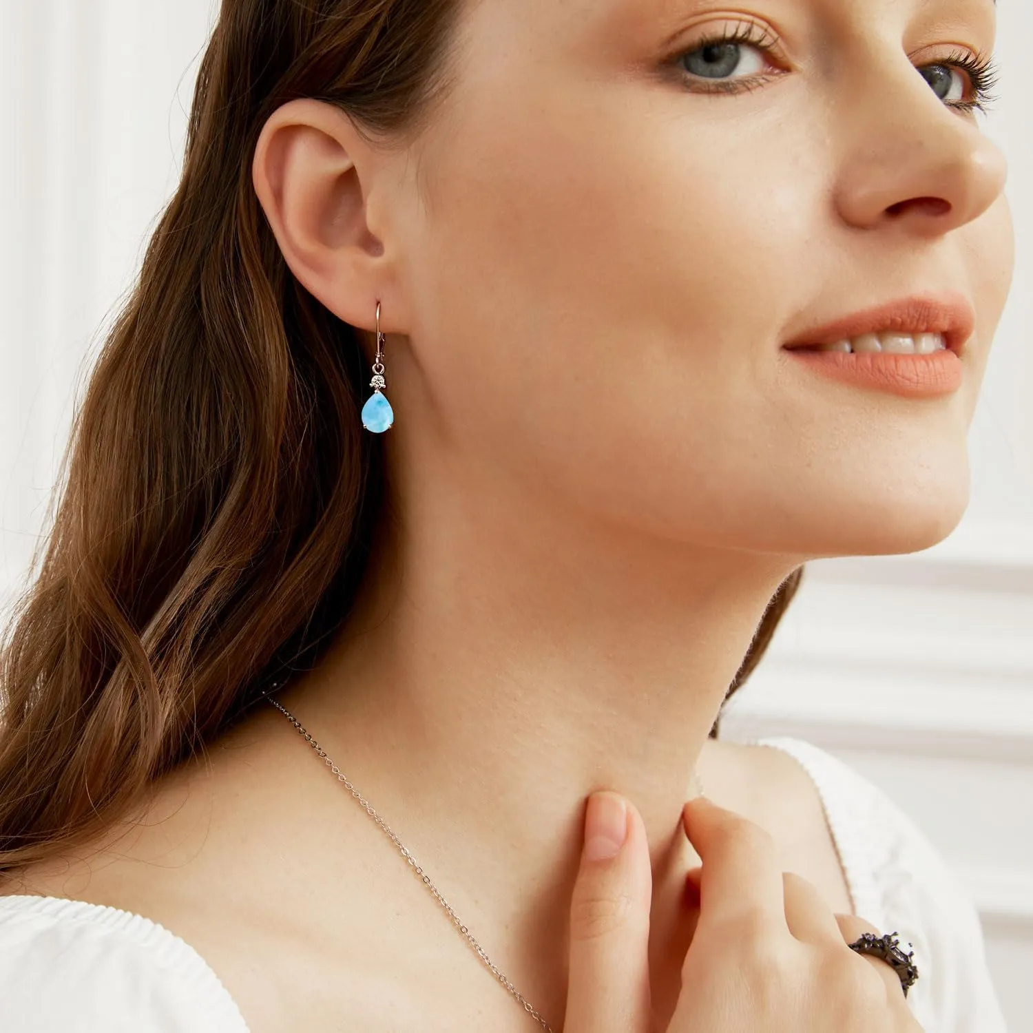 925 Sterling Silver Blue Topaz/Amethyst/Rainbow Quartz CZ Teardrop Leverback Earrings Drop Dangly Gemstone Earings Hypoallergenic Birthday Jewelry Gifts for Women