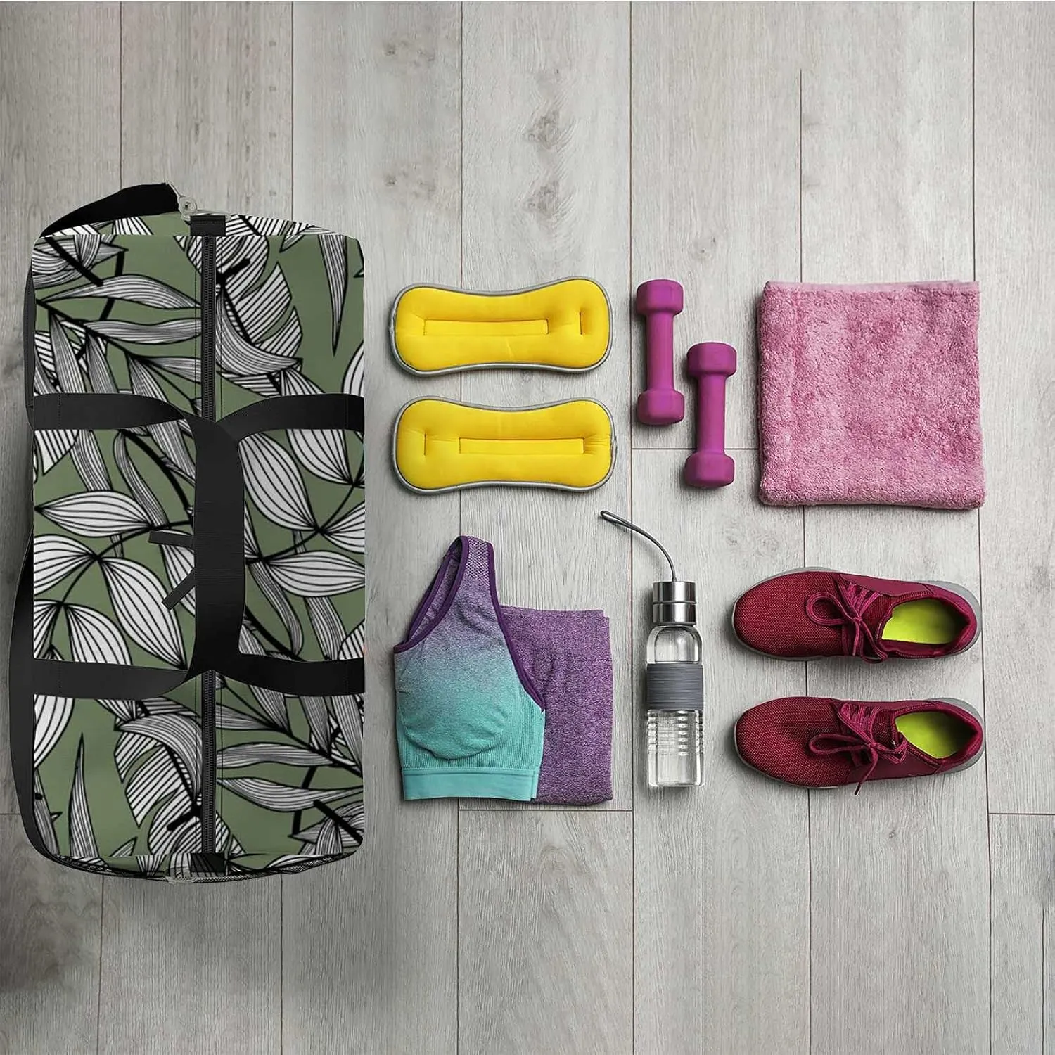 Abstract Tropical Leaves Sports Duffel Bag Travel Gym Tote Bags Lightweight Durable Shoulder Strap Waterproof Polyester Outside Mesh Pocket Overnight Trip Duffel Bag for Women Men