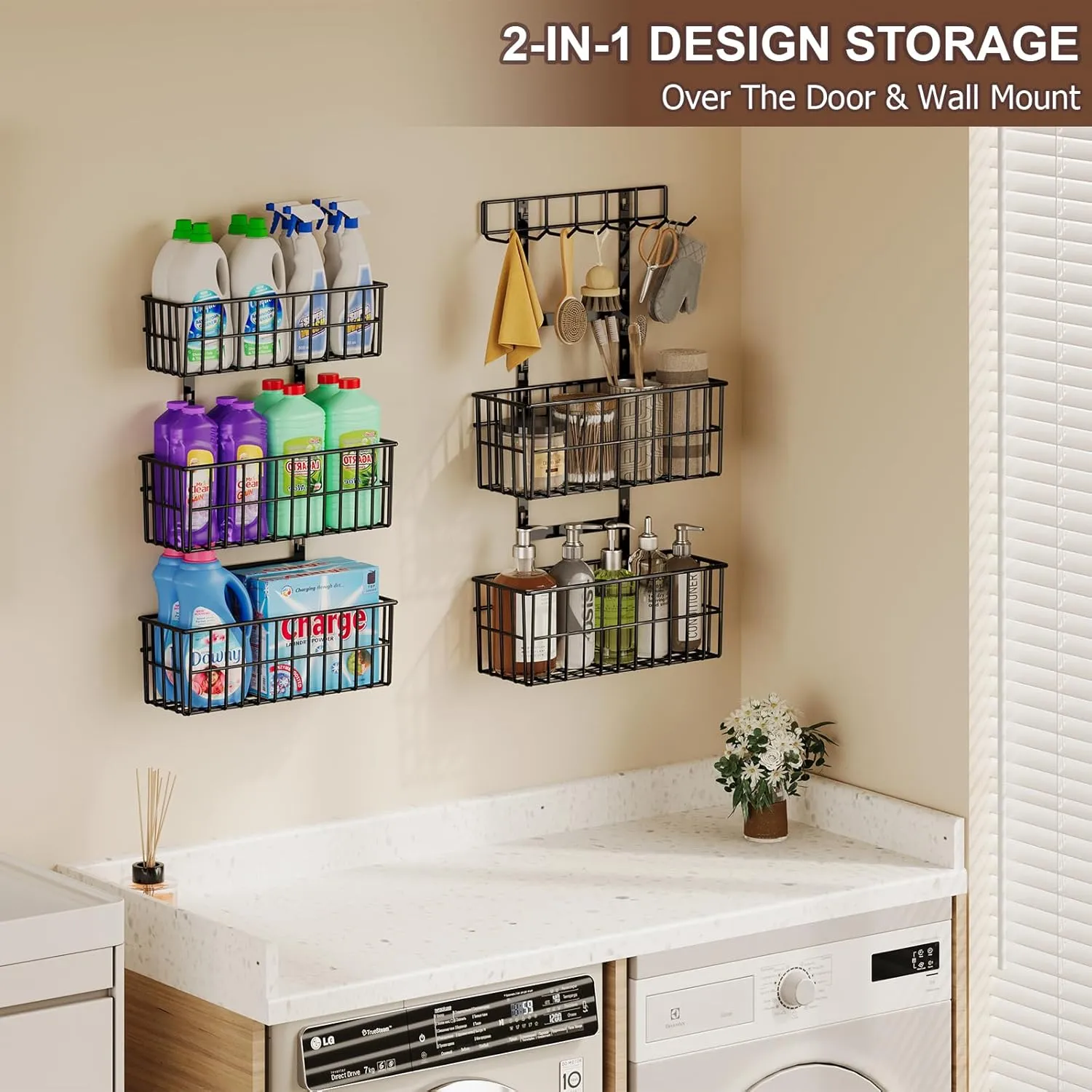Adjustable Over The Door Organizer, Metal Hanging Door Organizer with 5 Wire Basket 7 Hooks, Wall Mounted Shelf for Pantry Laundry Organization and Storage, Black