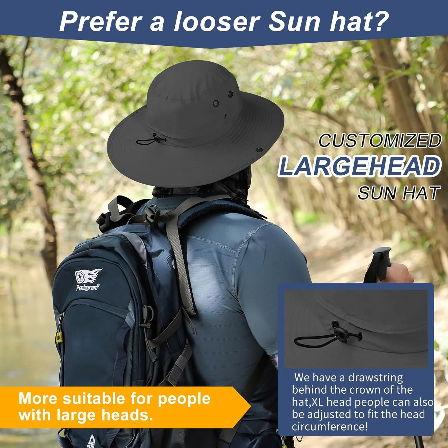 Adjustable Oversize XXL Bucket Sun Hats for Men Waterproof Quick Dry Wide Brim Summer Boonie Cap for Fishing Hiking Safari