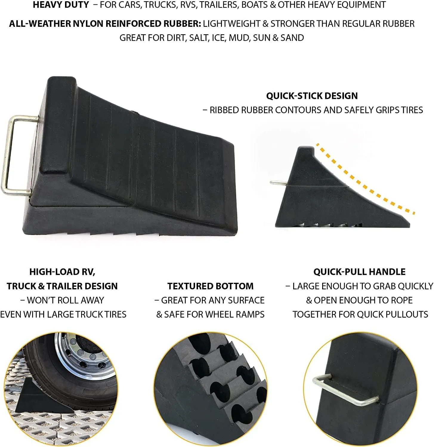 AFA Tooling - Heavy Duty Rubber Wheel Chocks w/Steel Tie Off Handles - RV Wheel Chock for Front & Back Tires - Quick Grip Ribbed Design - Great for Your Camper, Trailer, RV, Truck, Car or ATV - 4 Pack